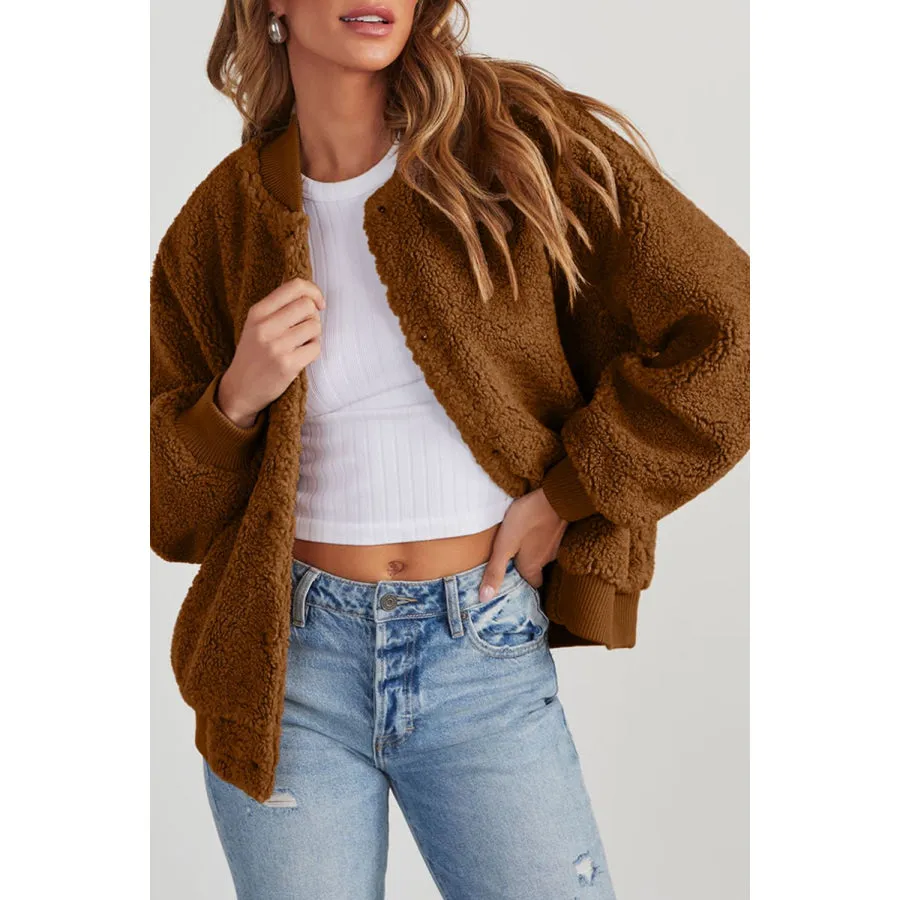 Baseball Collar Long Sleeve Sherpa Jacket