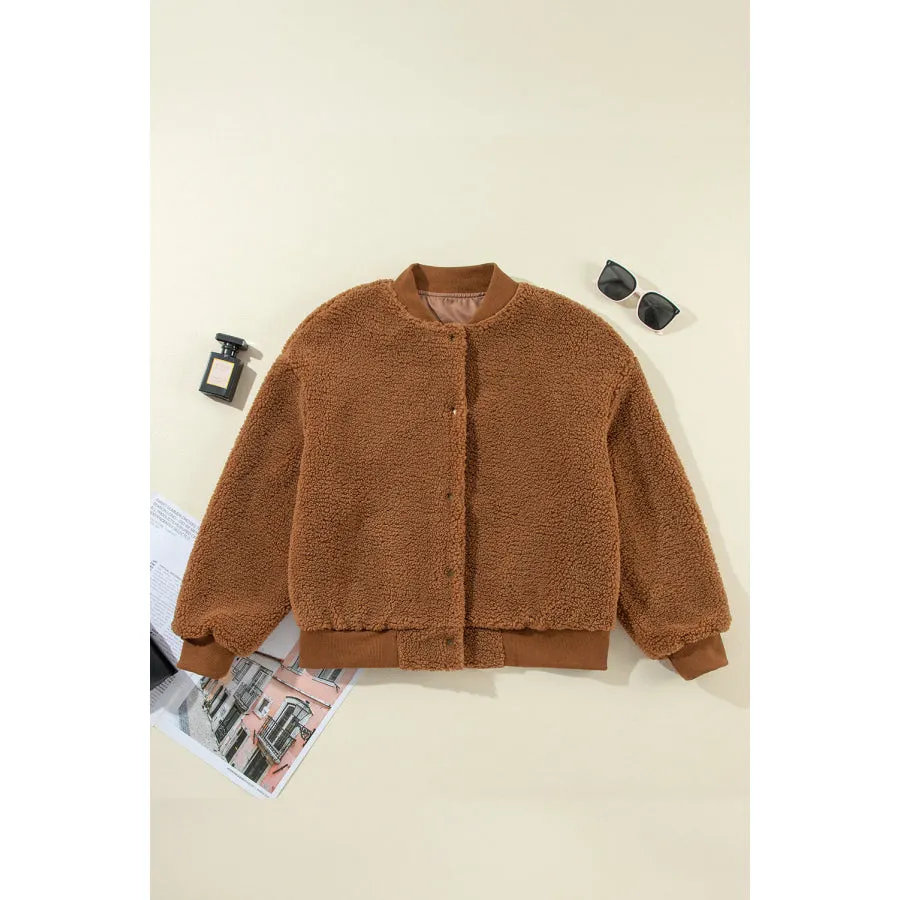 Baseball Collar Long Sleeve Sherpa Jacket