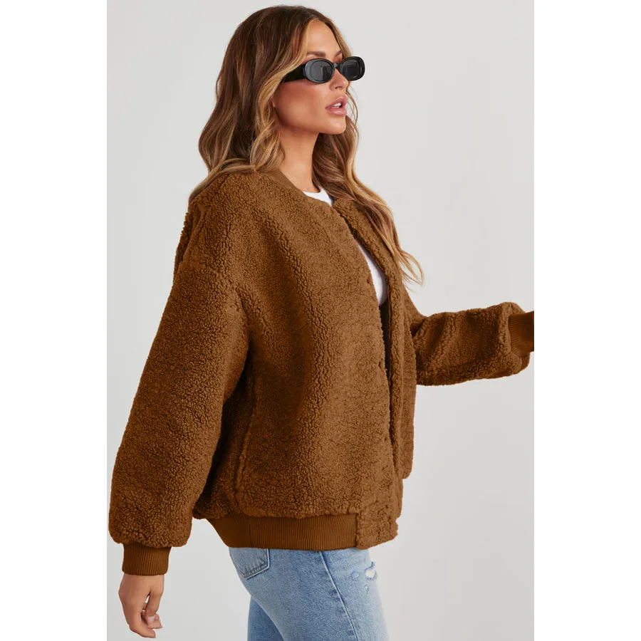 Baseball Collar Long Sleeve Sherpa Jacket