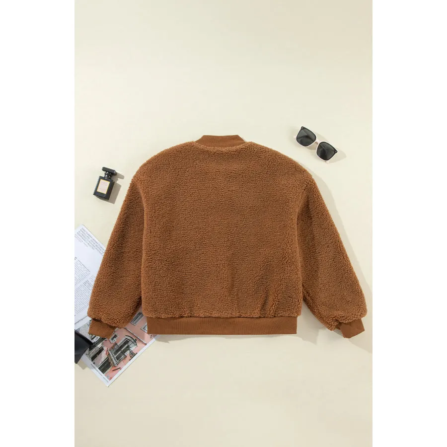 Baseball Collar Long Sleeve Sherpa Jacket