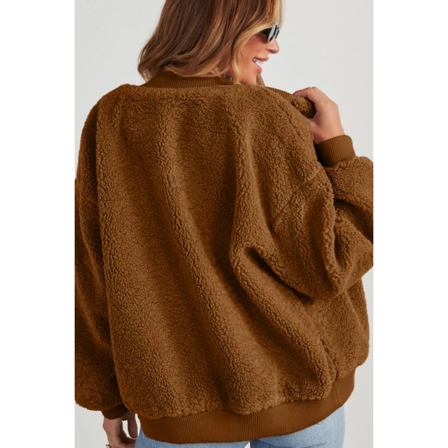 Baseball Collar Long Sleeve Sherpa Jacket