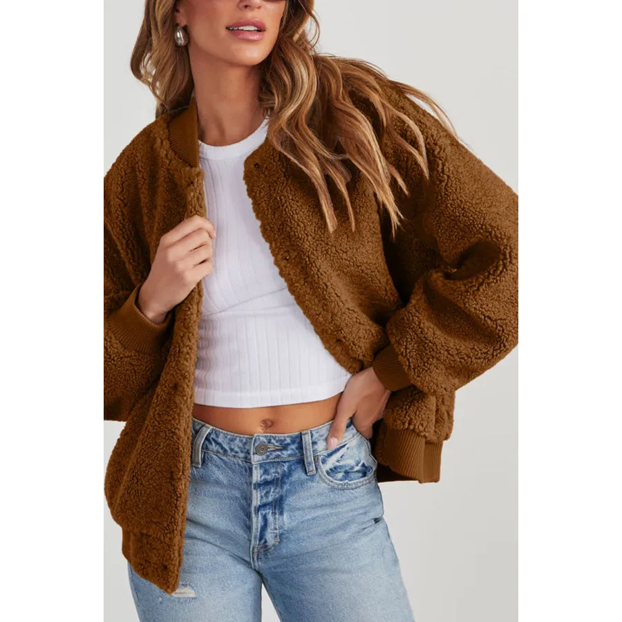 Baseball Collar Long Sleeve Sherpa Jacket