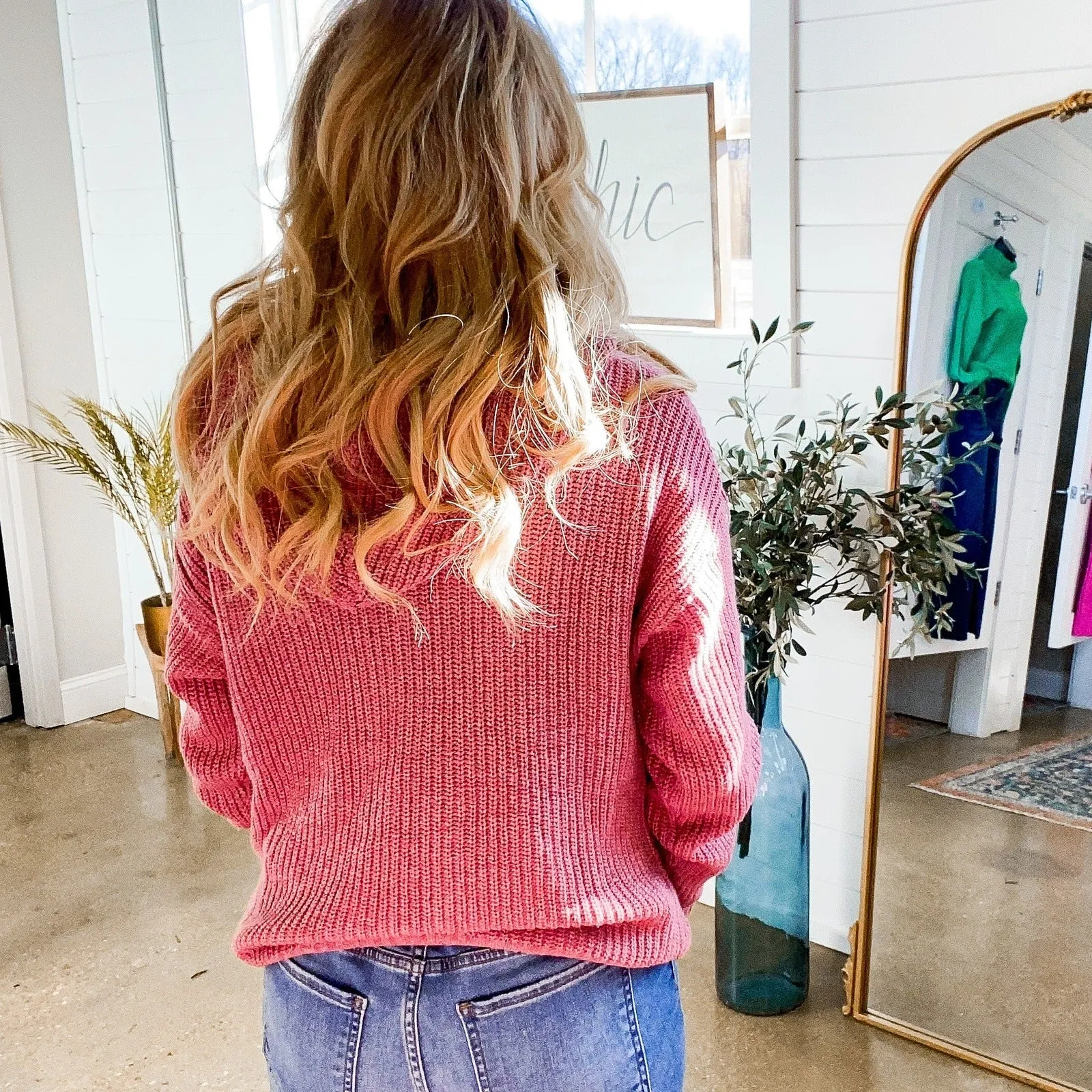Carlie Ribbed V-Neck Cozy Sweater in Brick