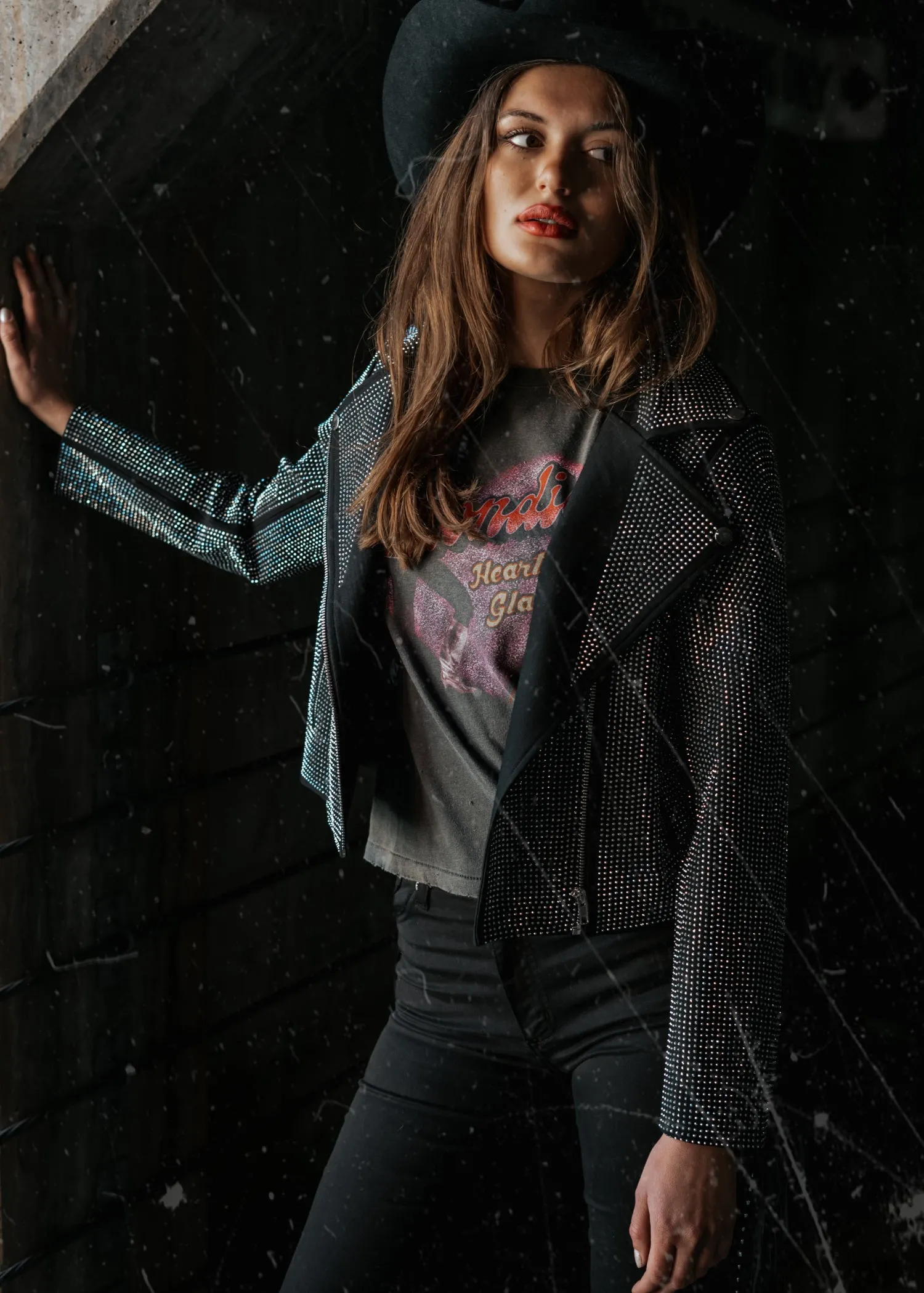 Crystal Studded Stretch Zip Up Moto Jacket