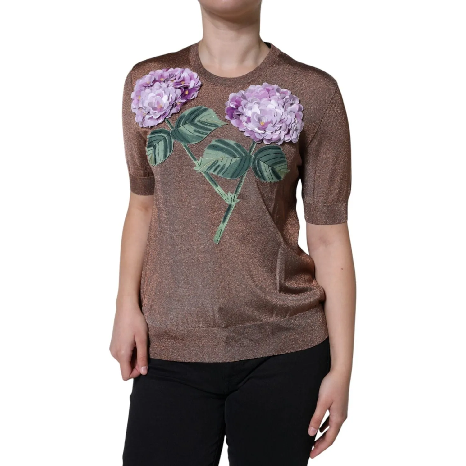 Dolce & Gabbana Brown Floral Applique Viscose Short Sleeve Top