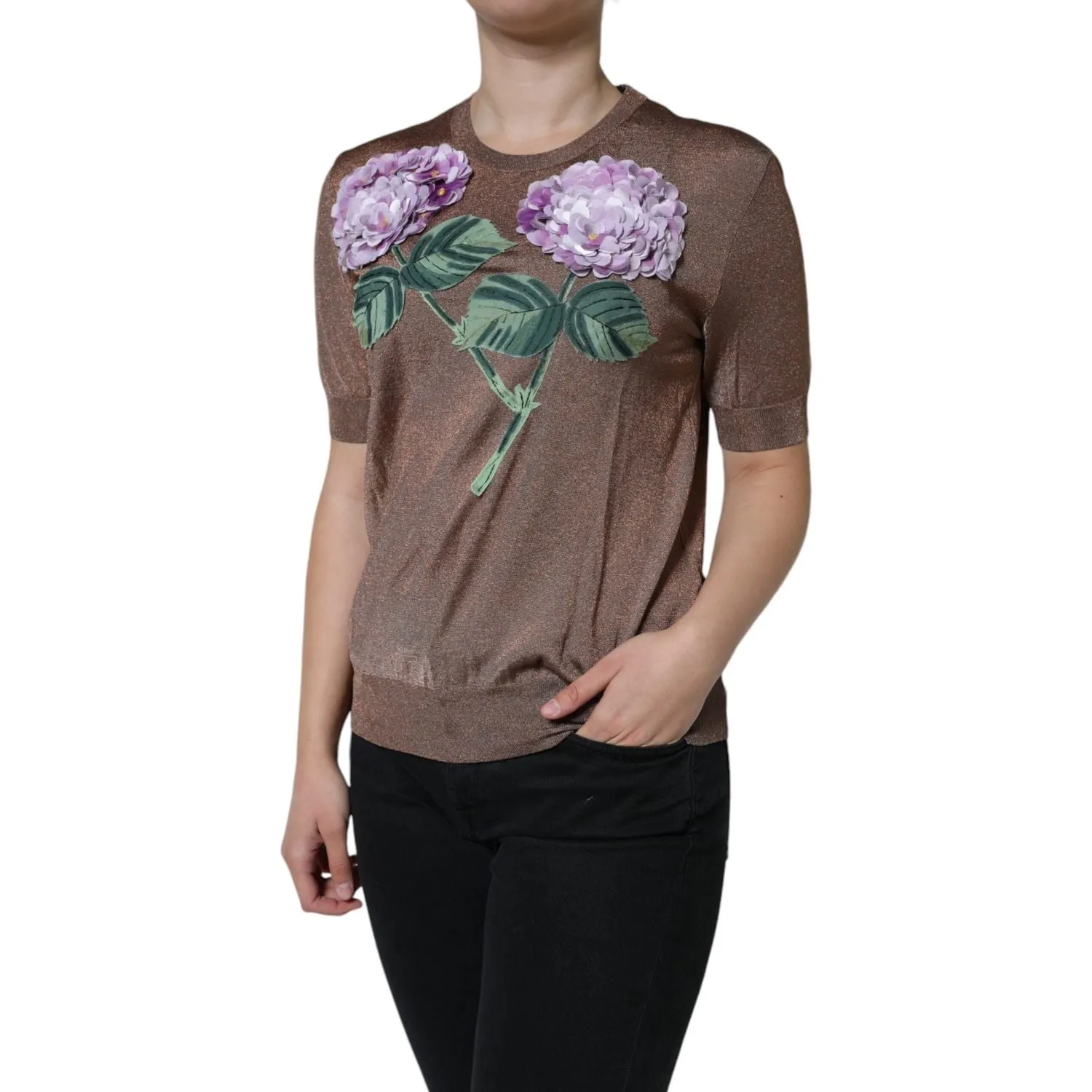 Dolce & Gabbana Brown Floral Applique Viscose Short Sleeve Top