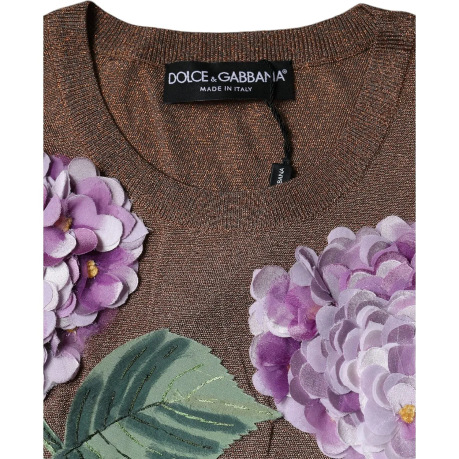 Dolce & Gabbana Brown Floral Applique Viscose Short Sleeve Top
