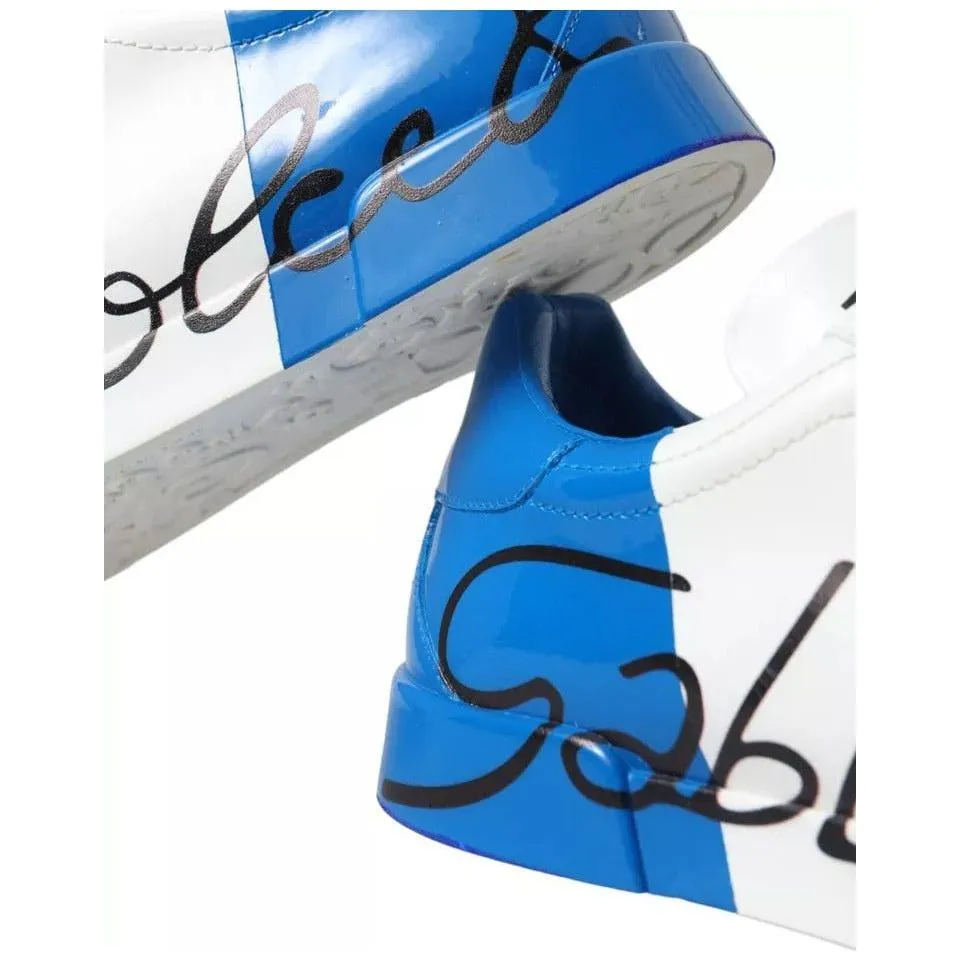 Dolce & Gabbana White Blue Leather Logo Low Top Sneakers Shoes