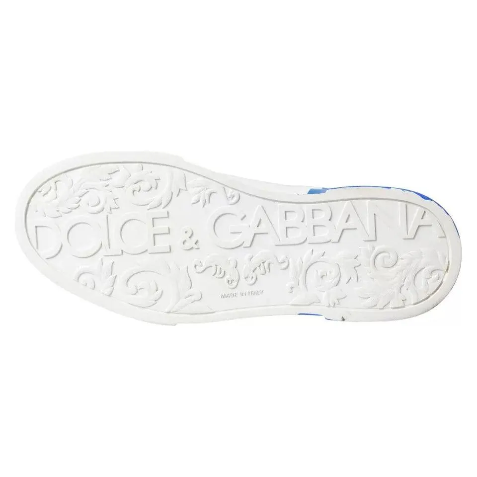 Dolce & Gabbana White Blue Leather Logo Low Top Sneakers Shoes
