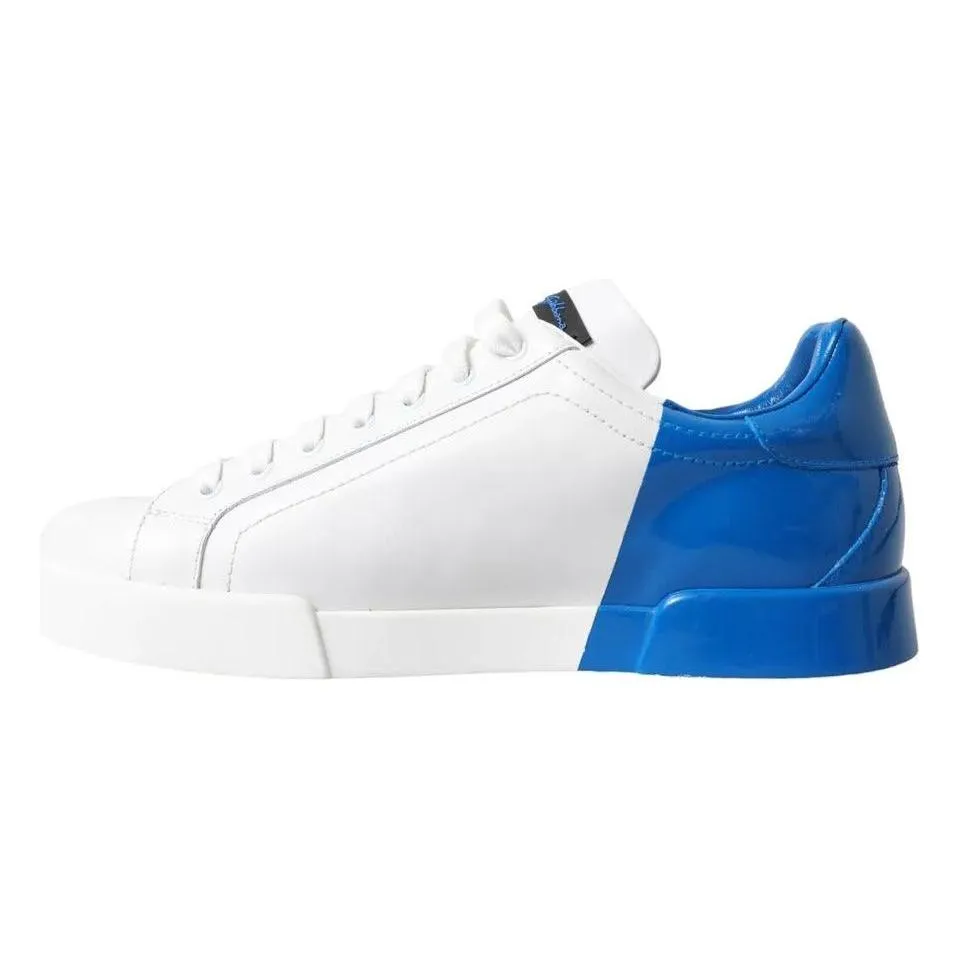 Dolce & Gabbana White Blue Leather Logo Low Top Sneakers Shoes