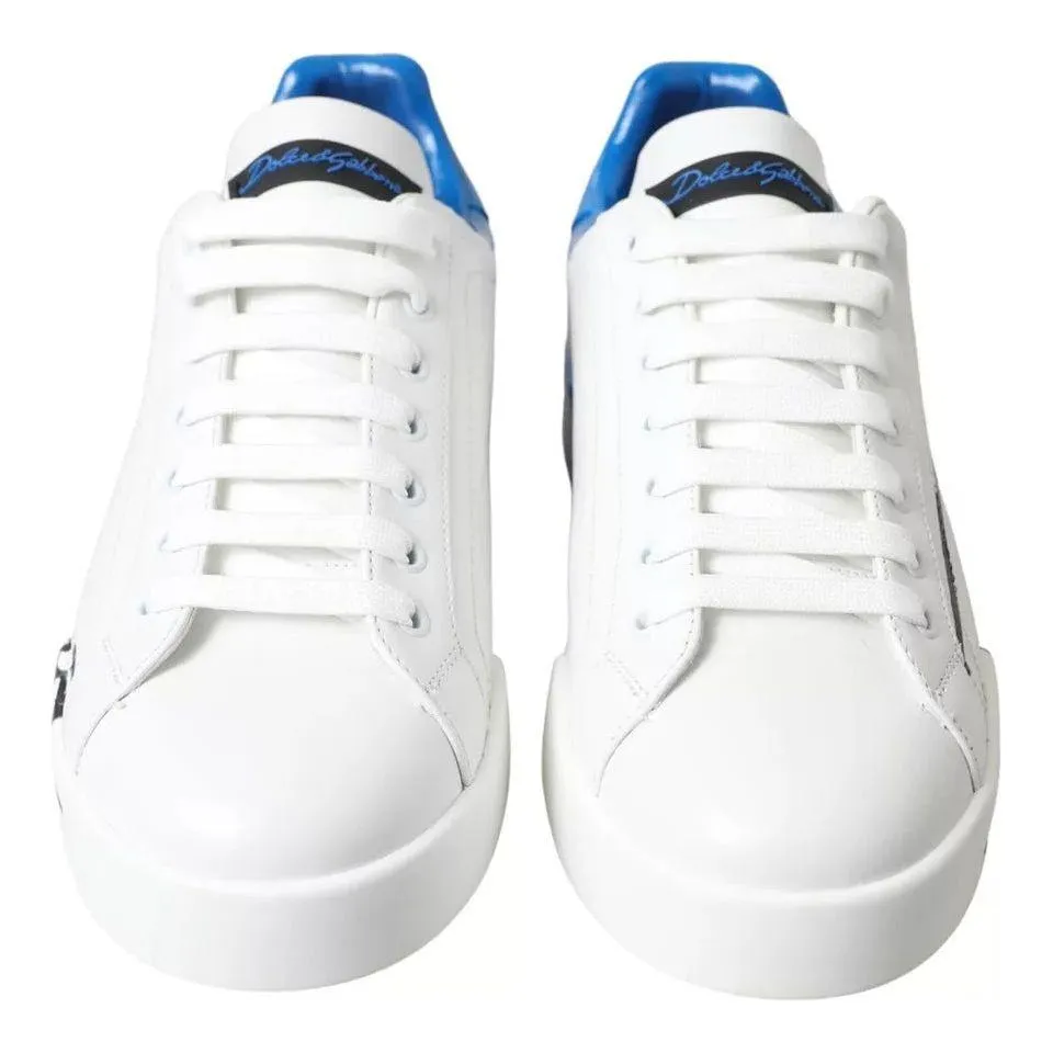 Dolce & Gabbana White Blue Leather Logo Low Top Sneakers Shoes