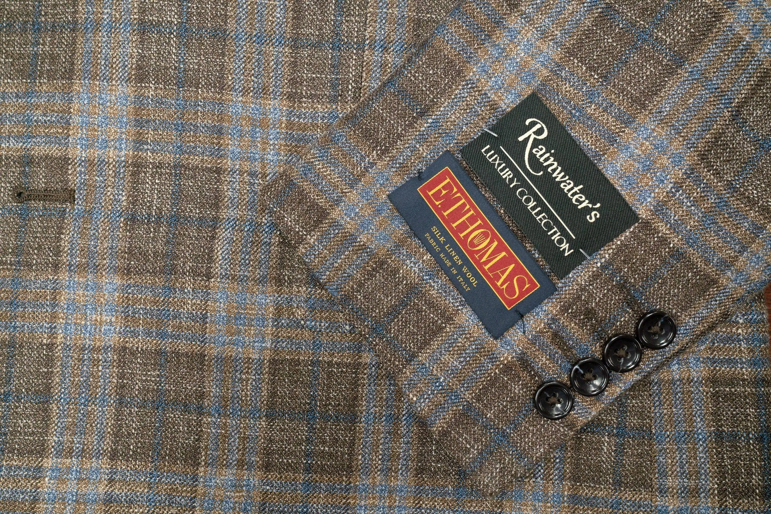 E. Thomas Brown Blue Plaid Wool Silk & Linen Sport Coat