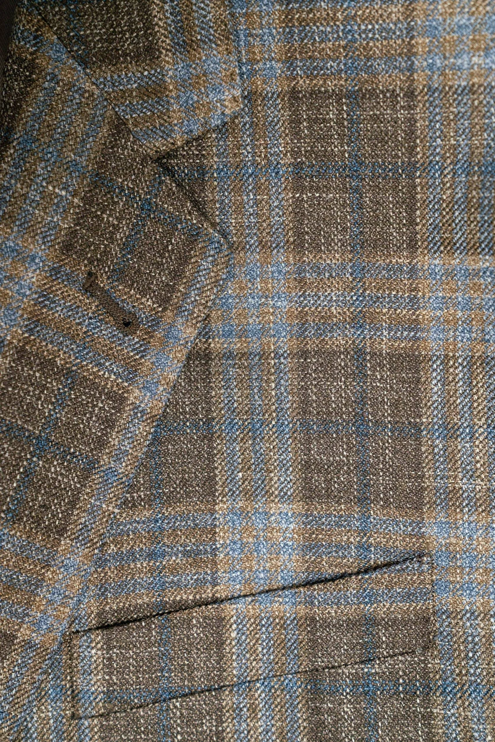 E. Thomas Brown Blue Plaid Wool Silk & Linen Sport Coat