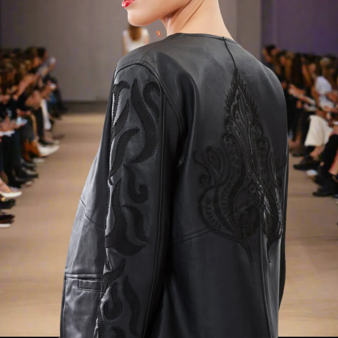 Embroidered Leather Biker Jacket