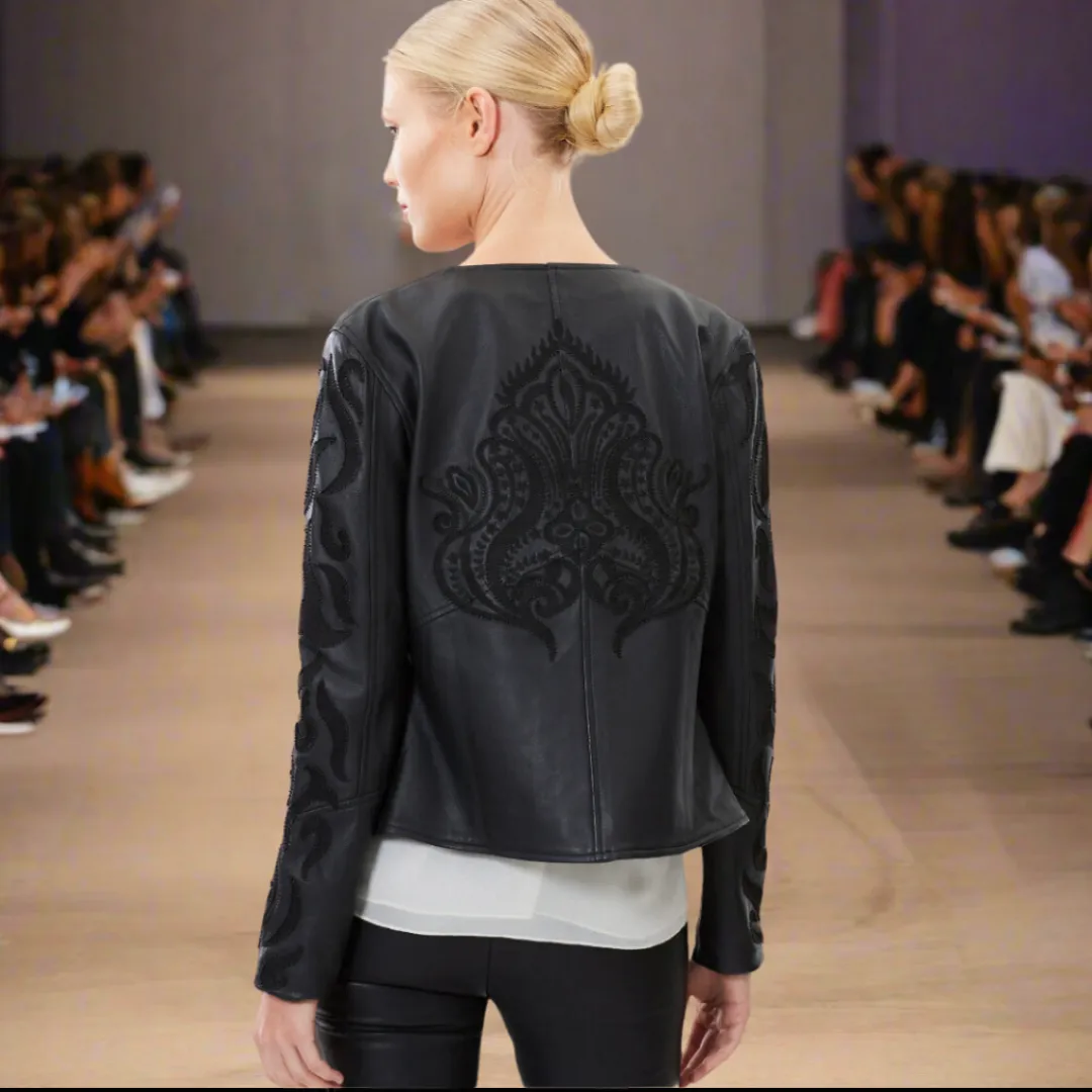 Embroidered Leather Biker Jacket