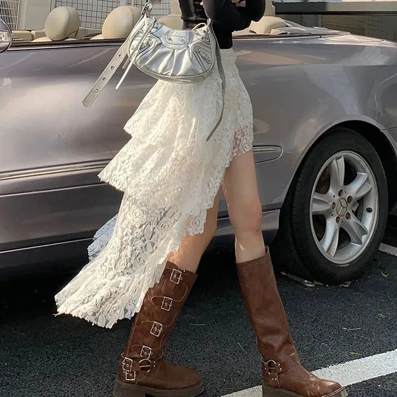 Fashion Mini White Double-deck Patchwork Lace Irregular Through See Dress
