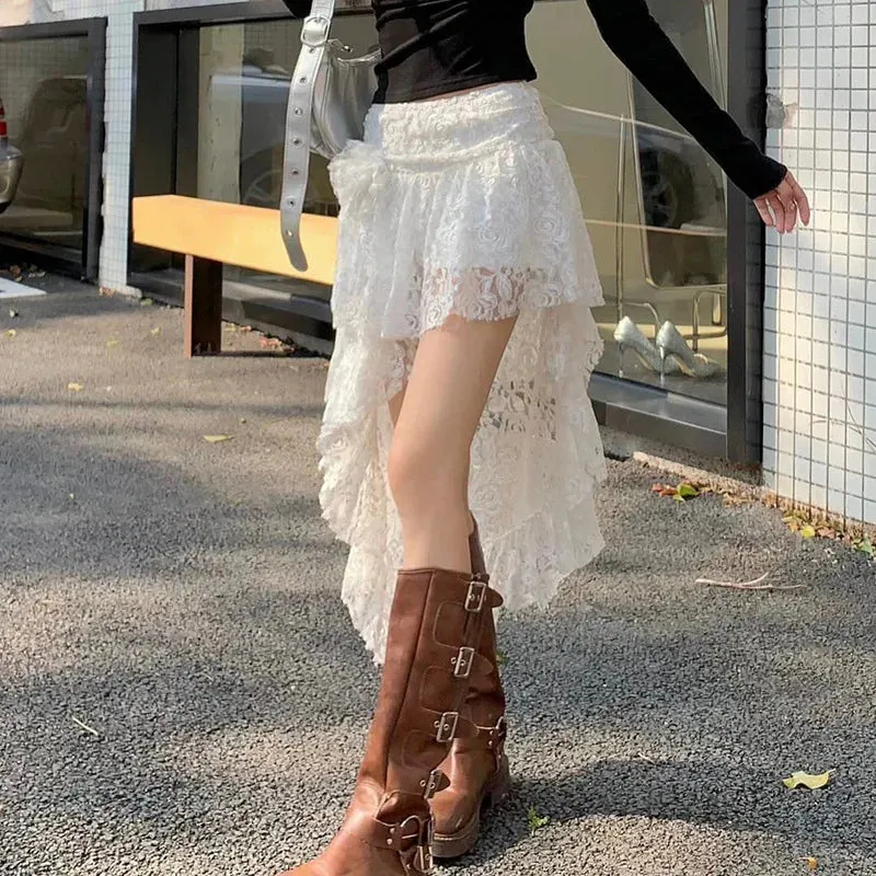 Fashion Mini White Double-deck Patchwork Lace Irregular Through See Dress
