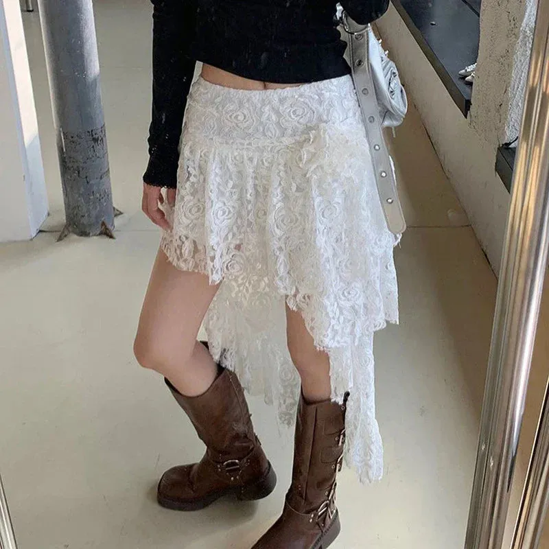 Fashion Mini White Double-deck Patchwork Lace Irregular Through See Dress