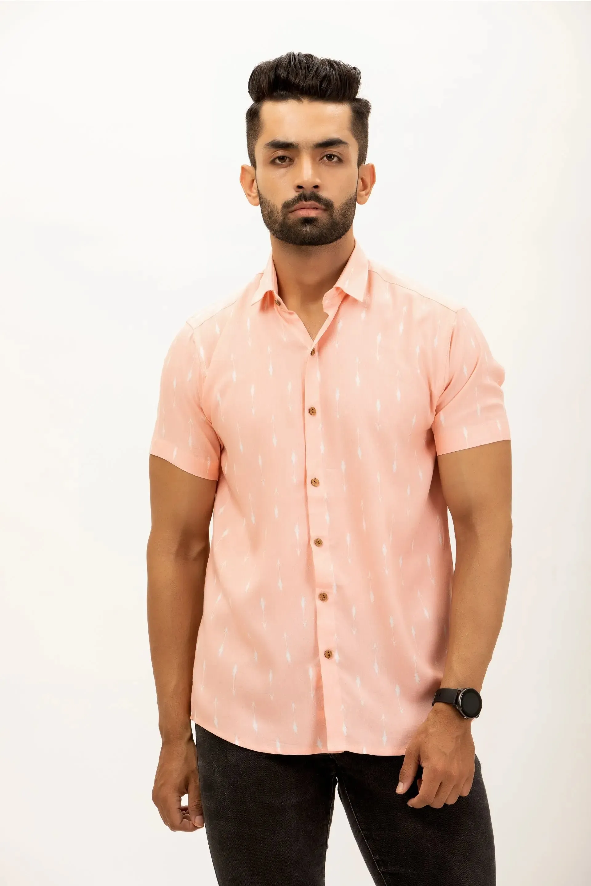 Firangi Yarn Peach Ikat Printed Rayon Shirt For Men - Half Sleeves