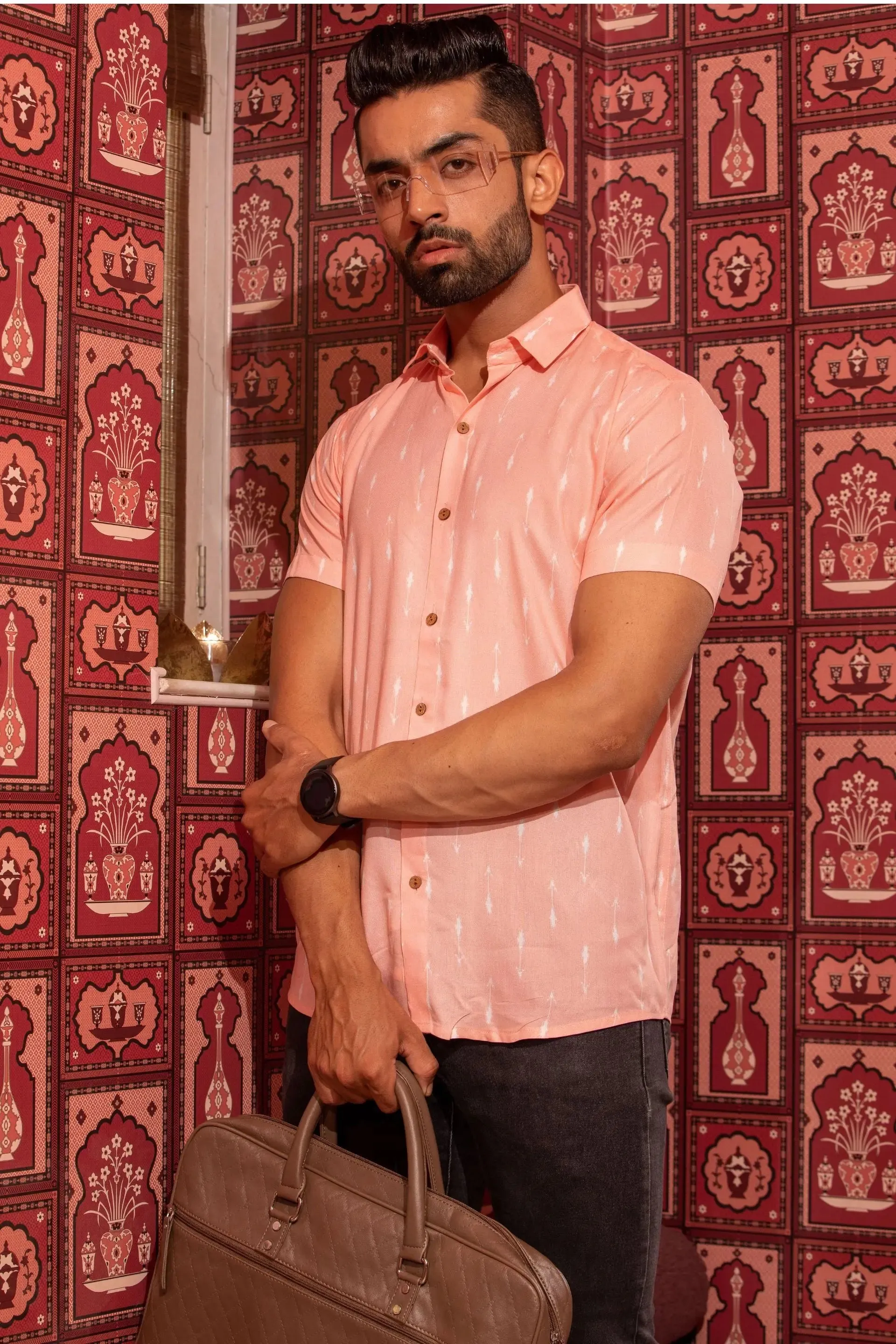 Firangi Yarn Peach Ikat Printed Rayon Shirt For Men - Half Sleeves