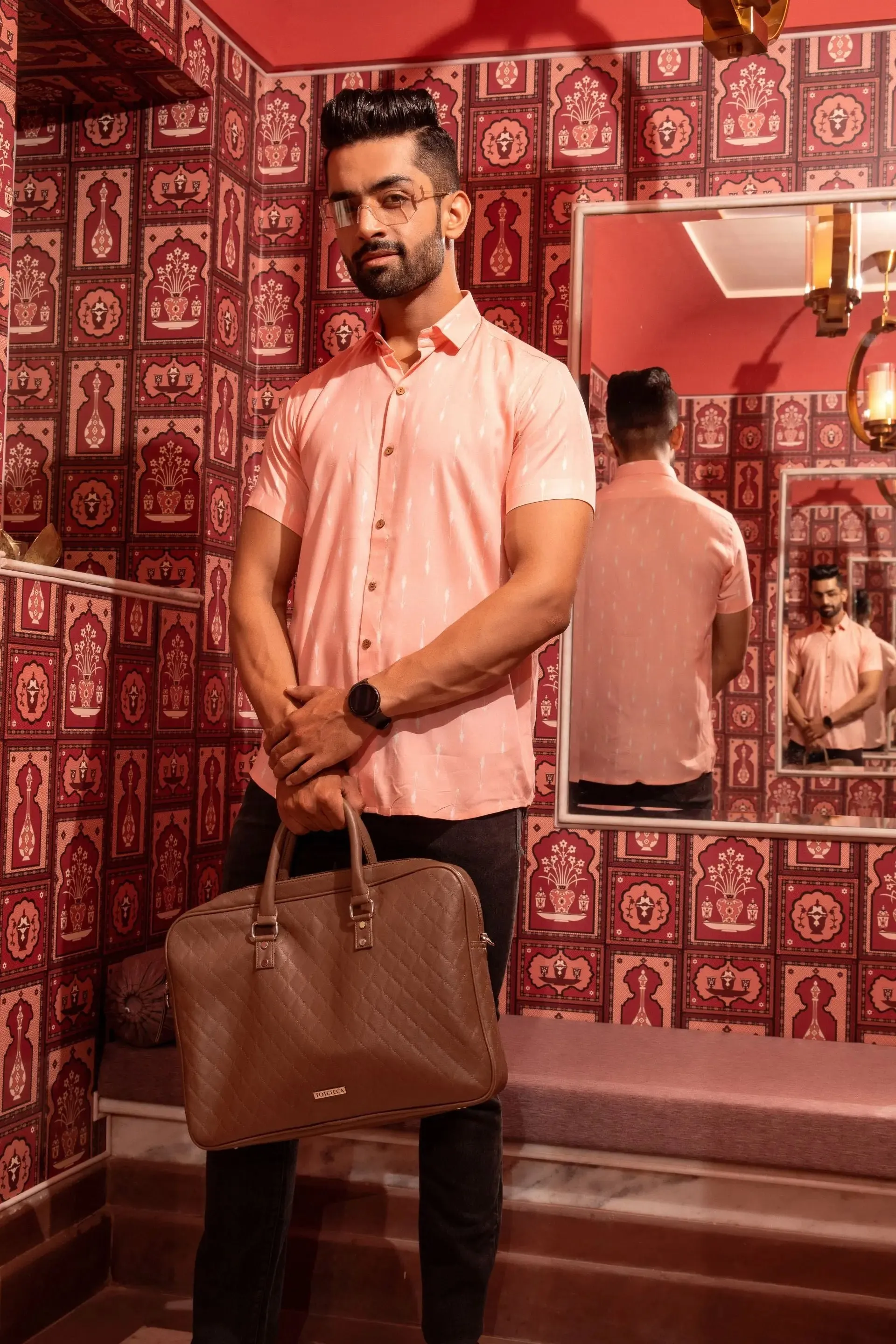 Firangi Yarn Peach Ikat Printed Rayon Shirt For Men - Half Sleeves