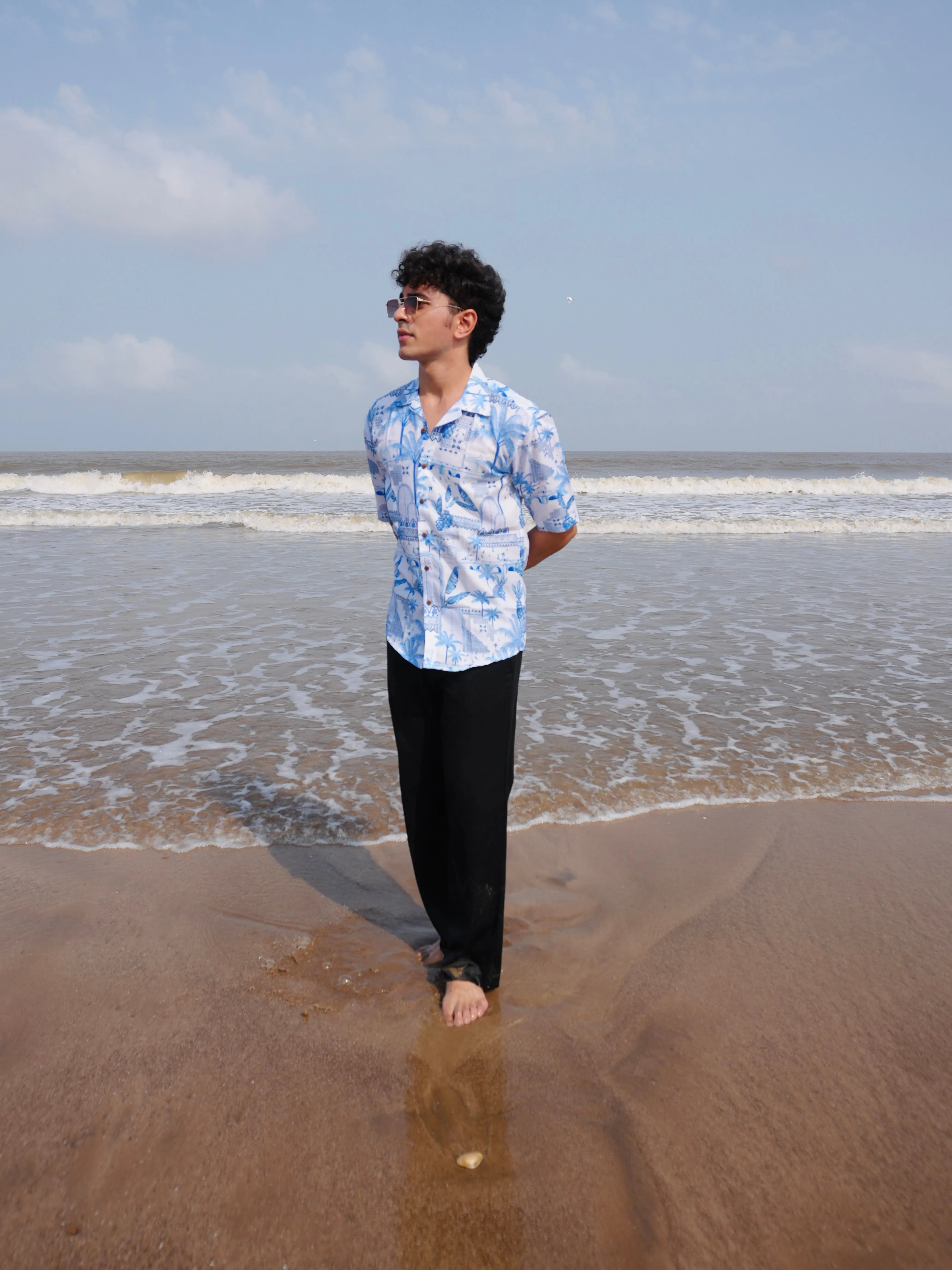 Firangi Yarn White Linen Cuban Collar Fusion Printed Oversize Shirt - Blue Pottery Fresco