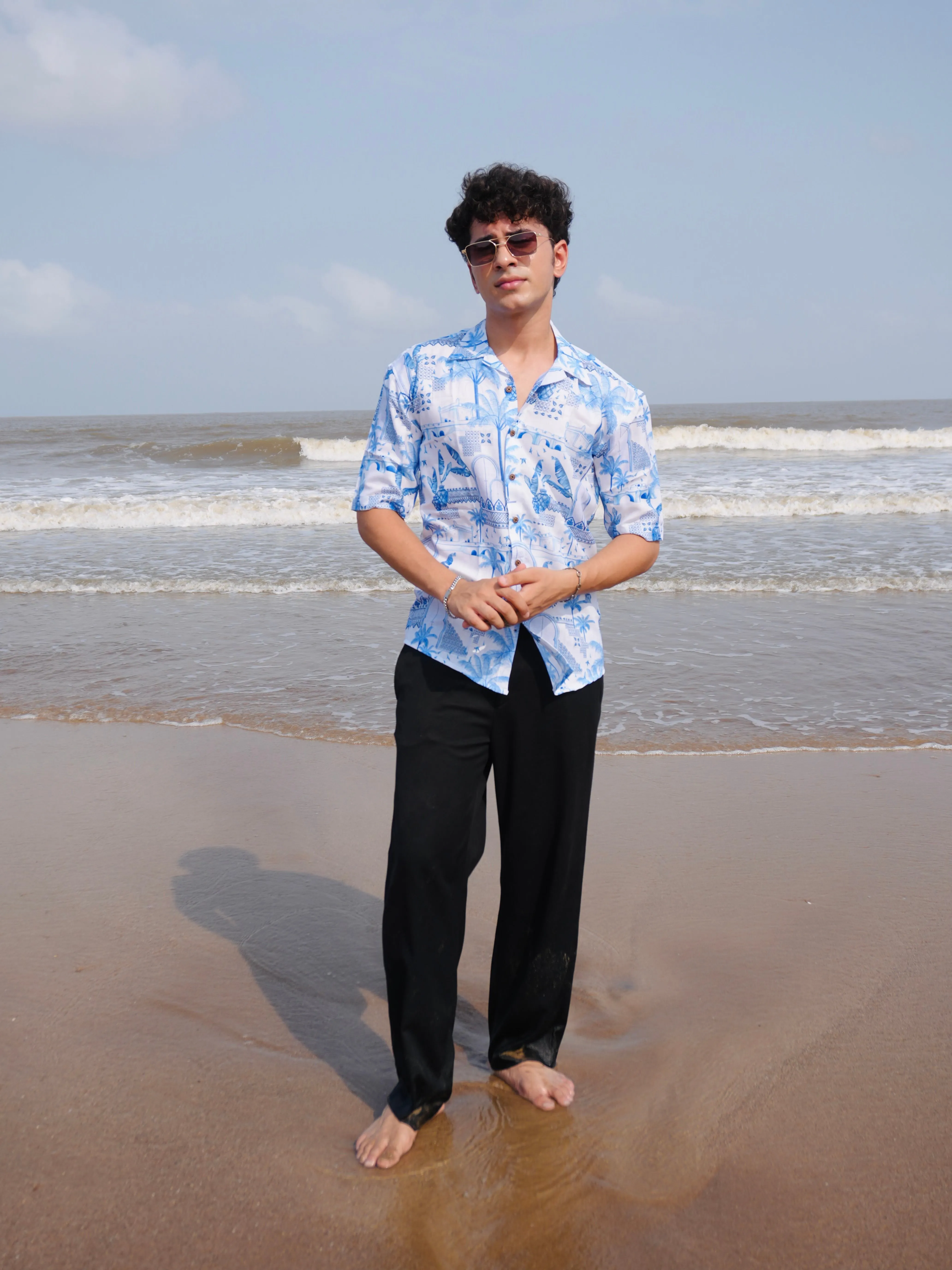 Firangi Yarn White Linen Cuban Collar Fusion Printed Oversize Shirt - Blue Pottery Fresco
