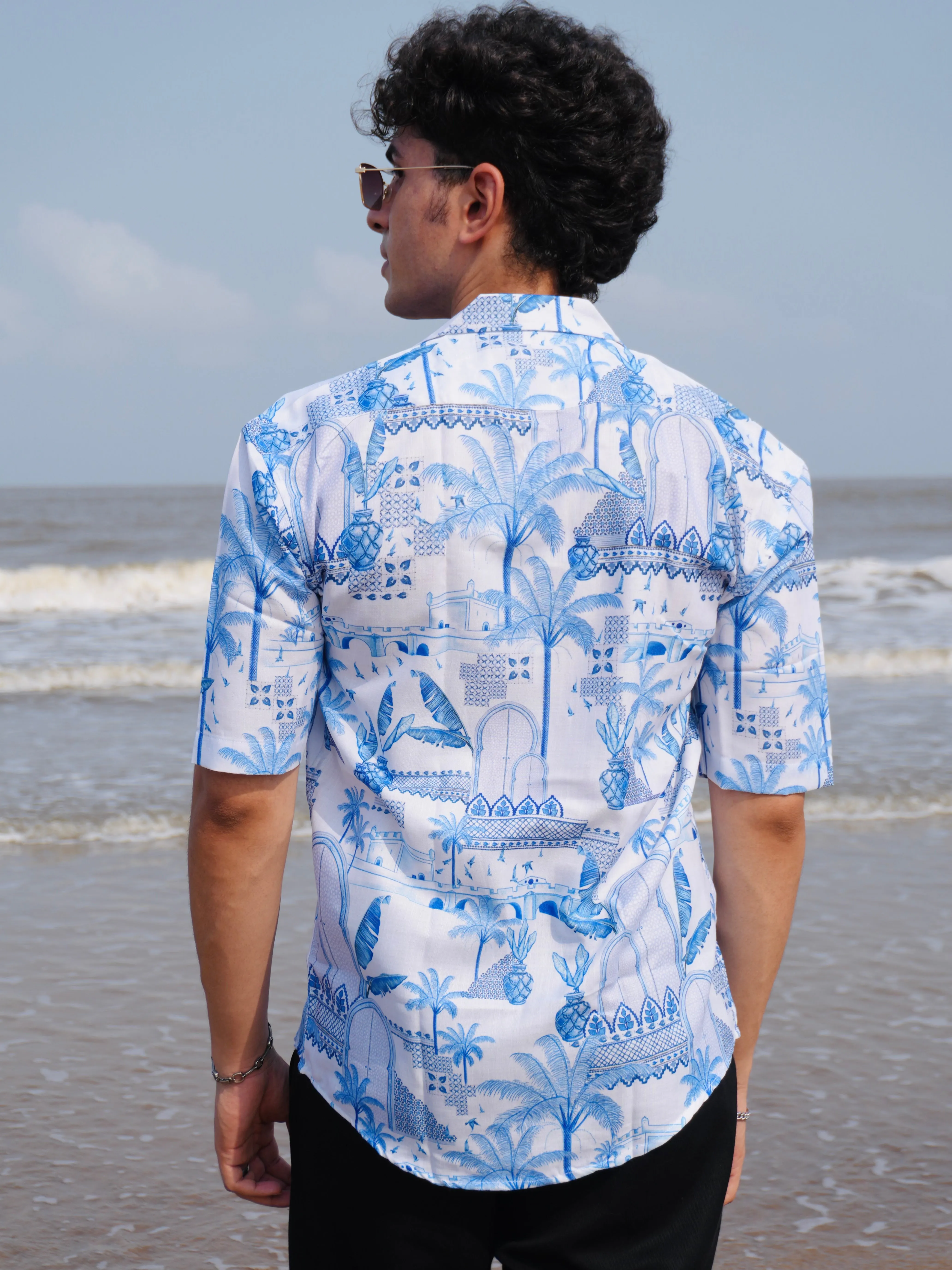 Firangi Yarn White Linen Cuban Collar Fusion Printed Oversize Shirt - Blue Pottery Fresco