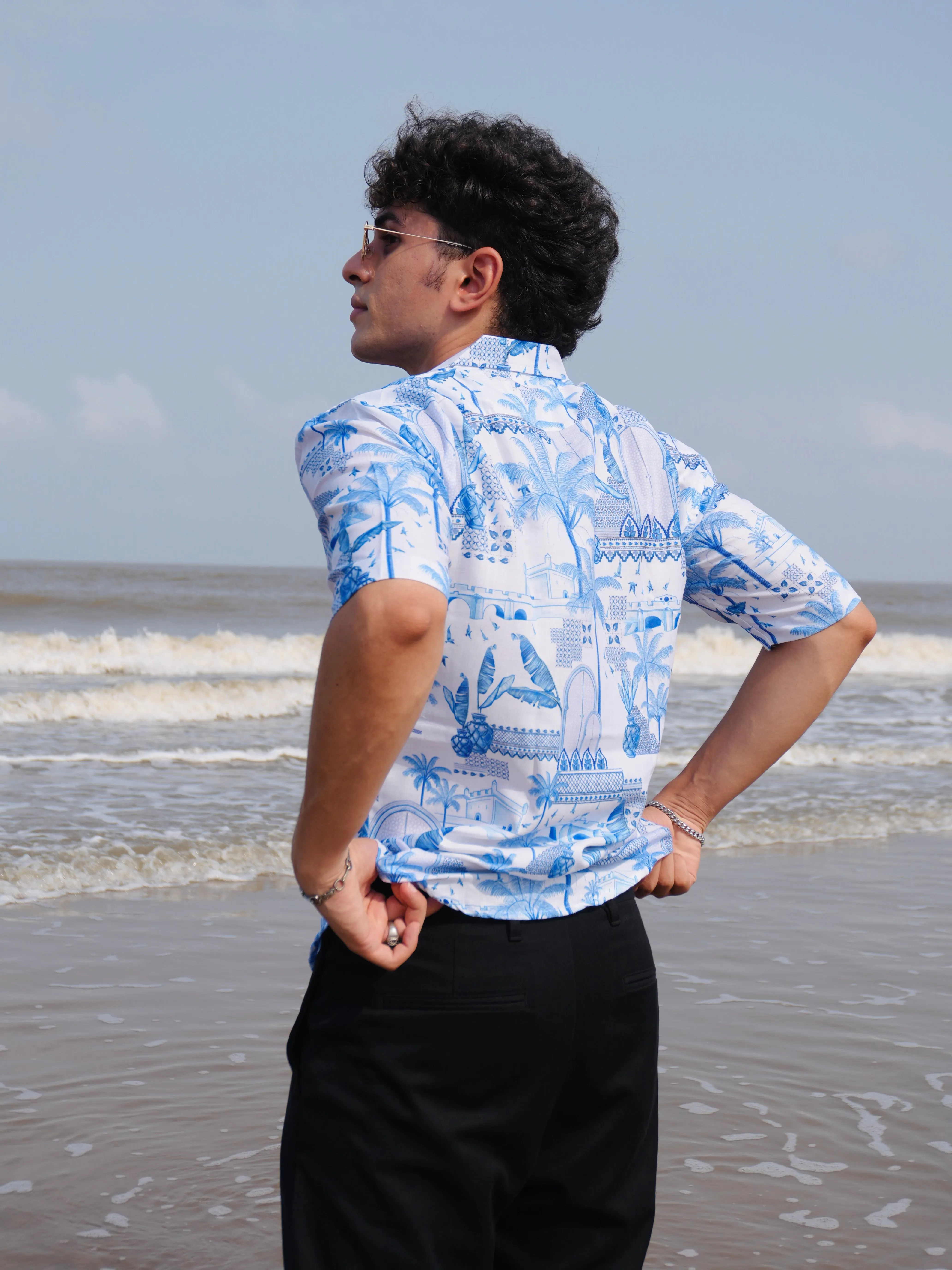 Firangi Yarn White Linen Cuban Collar Fusion Printed Oversize Shirt - Blue Pottery Fresco
