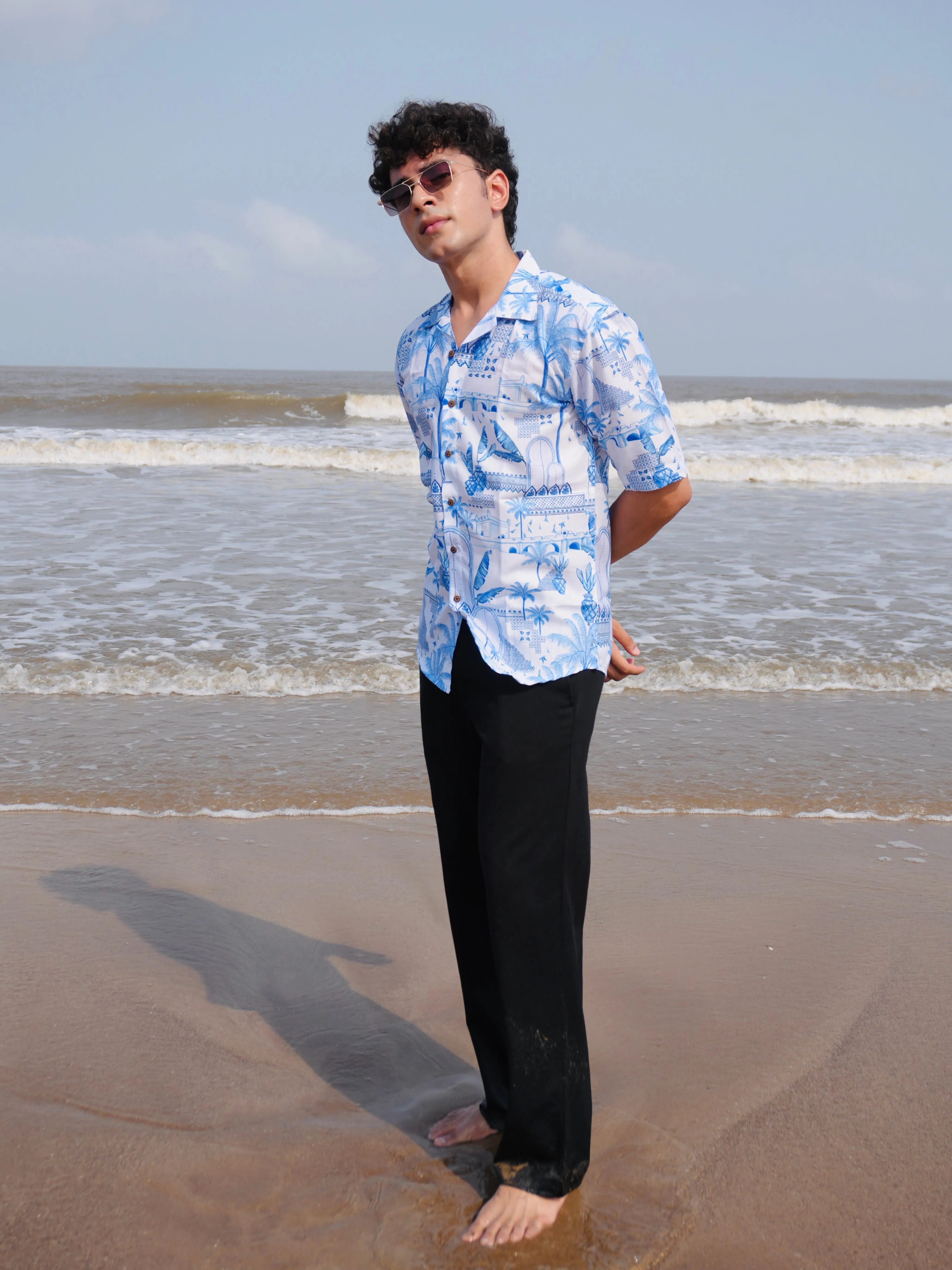 Firangi Yarn White Linen Cuban Collar Fusion Printed Oversize Shirt - Blue Pottery Fresco
