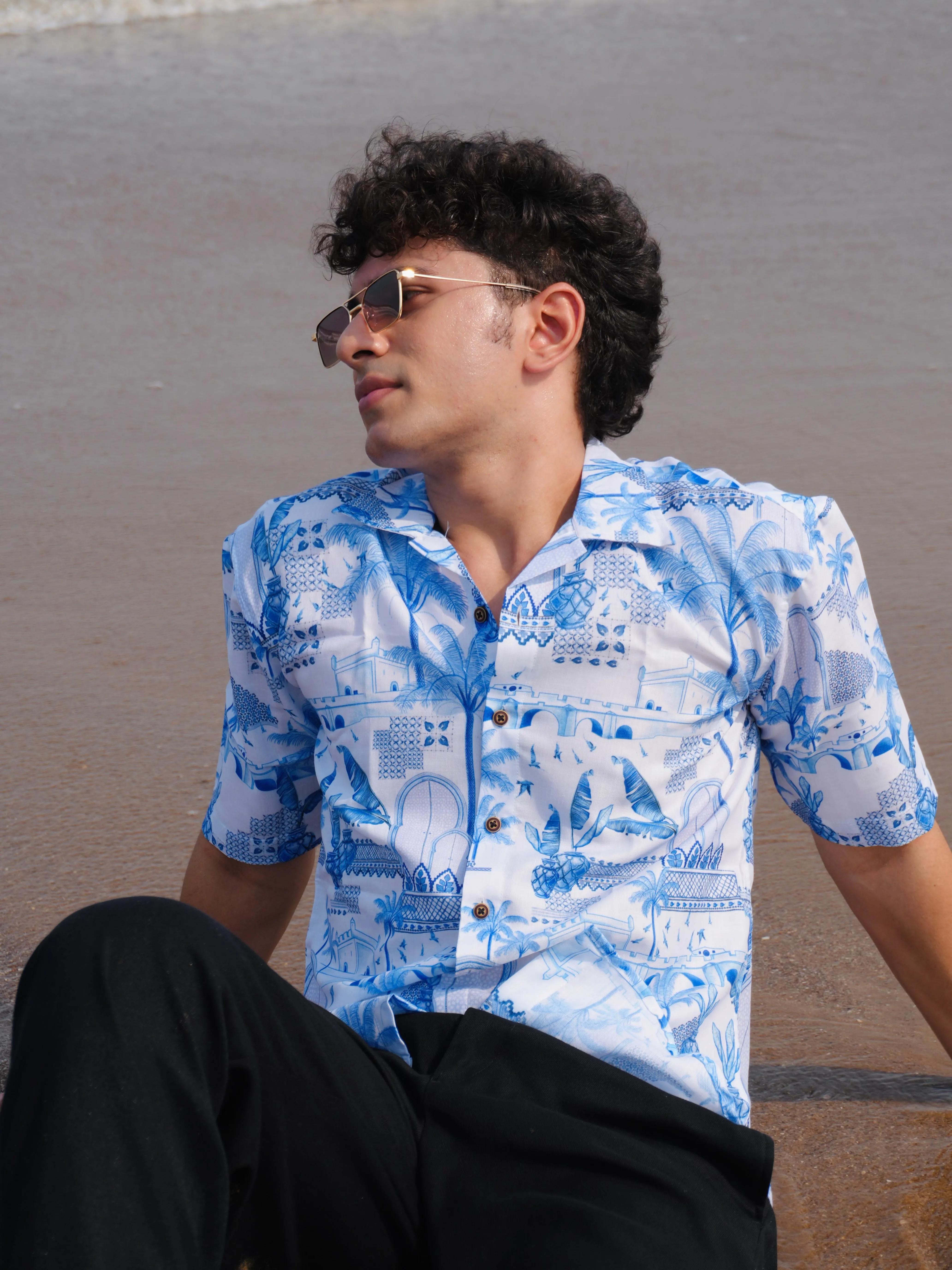 Firangi Yarn White Linen Cuban Collar Fusion Printed Oversize Shirt - Blue Pottery Fresco