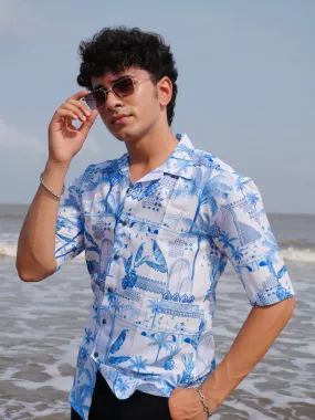 Firangi Yarn White Linen Cuban Collar Fusion Printed Oversize Shirt - Blue Pottery Fresco