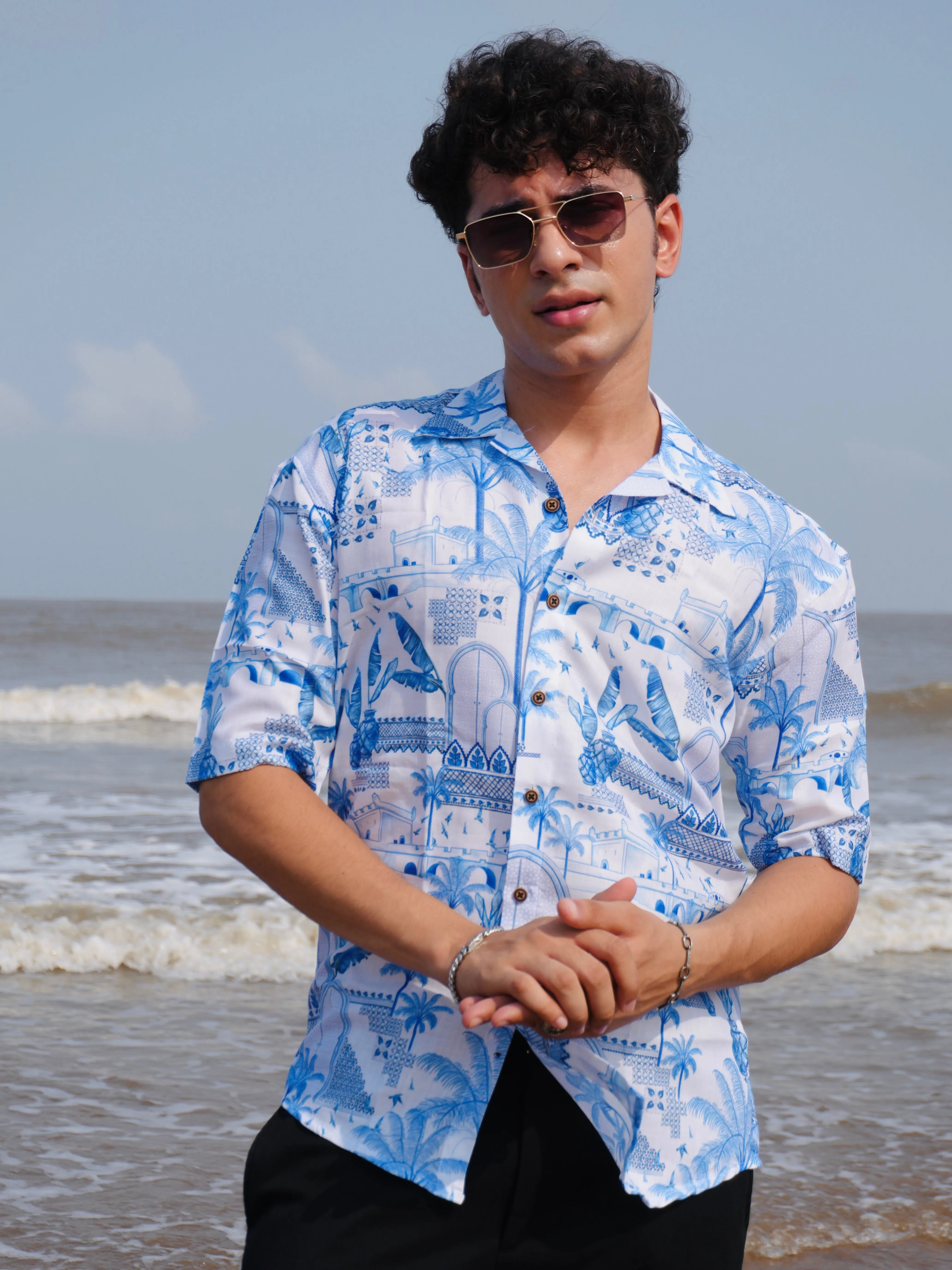 Firangi Yarn White Linen Cuban Collar Fusion Printed Oversize Shirt - Blue Pottery Fresco