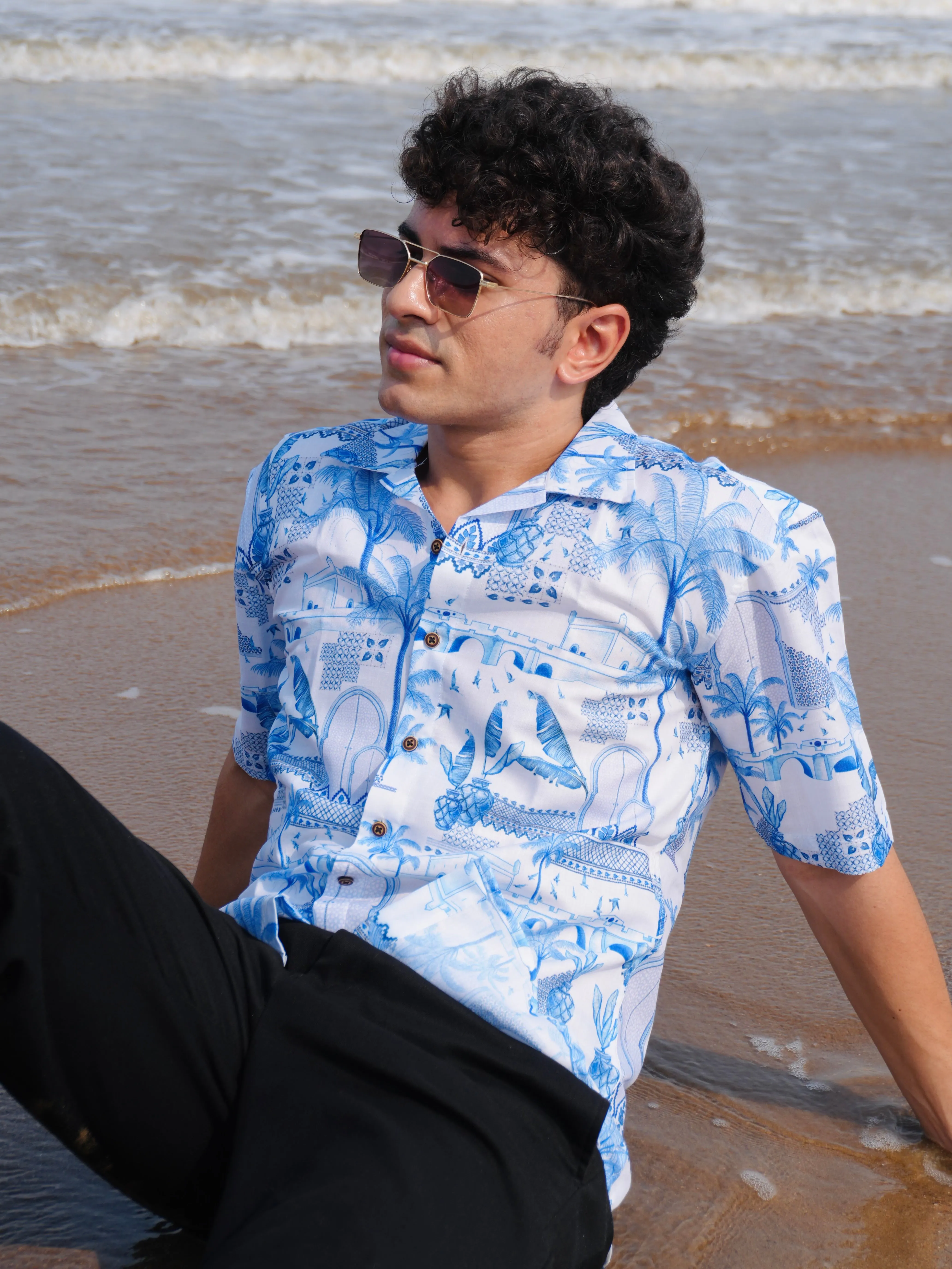 Firangi Yarn White Linen Cuban Collar Fusion Printed Oversize Shirt - Blue Pottery Fresco