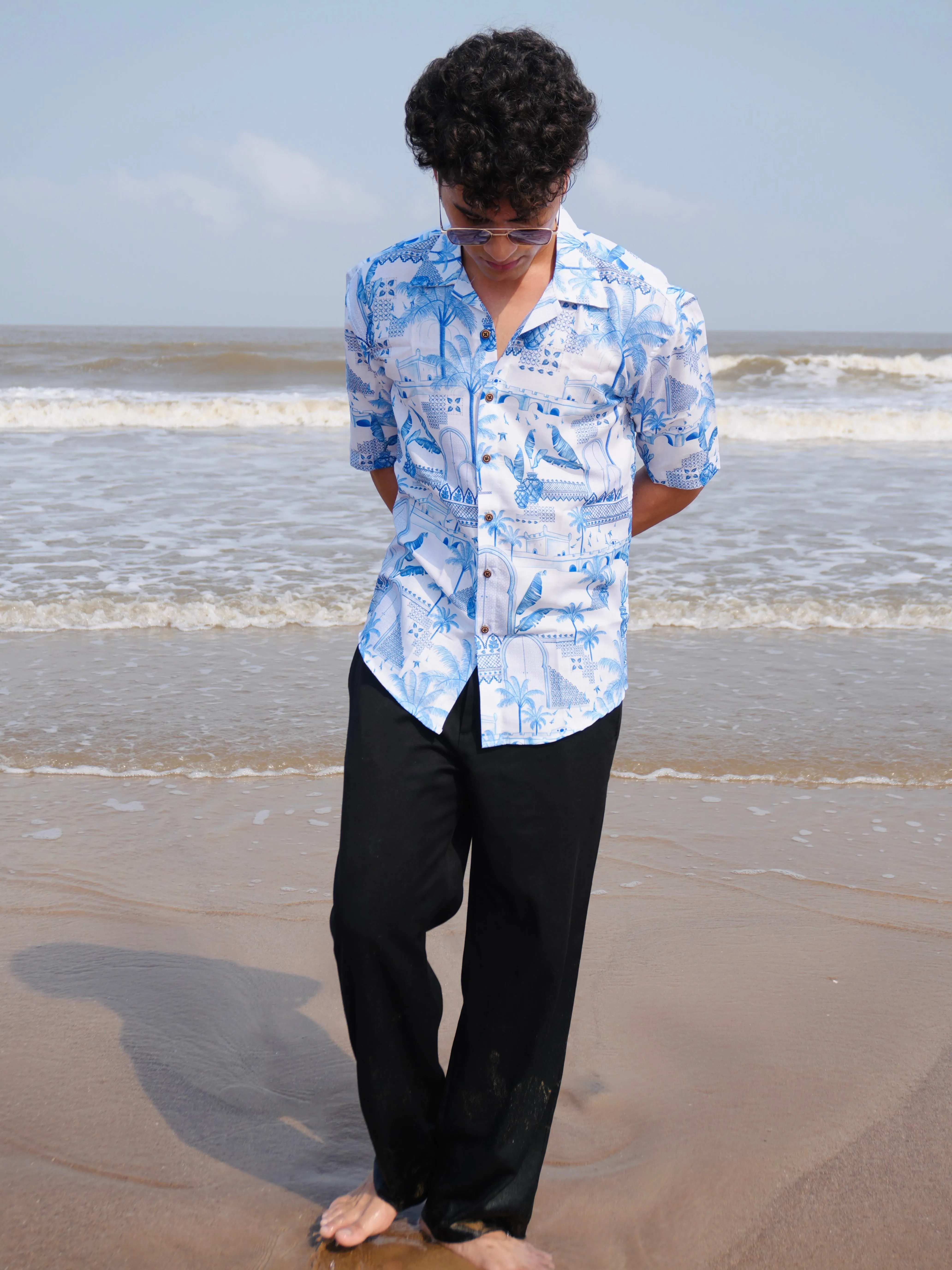 Firangi Yarn White Linen Cuban Collar Fusion Printed Oversize Shirt - Blue Pottery Fresco