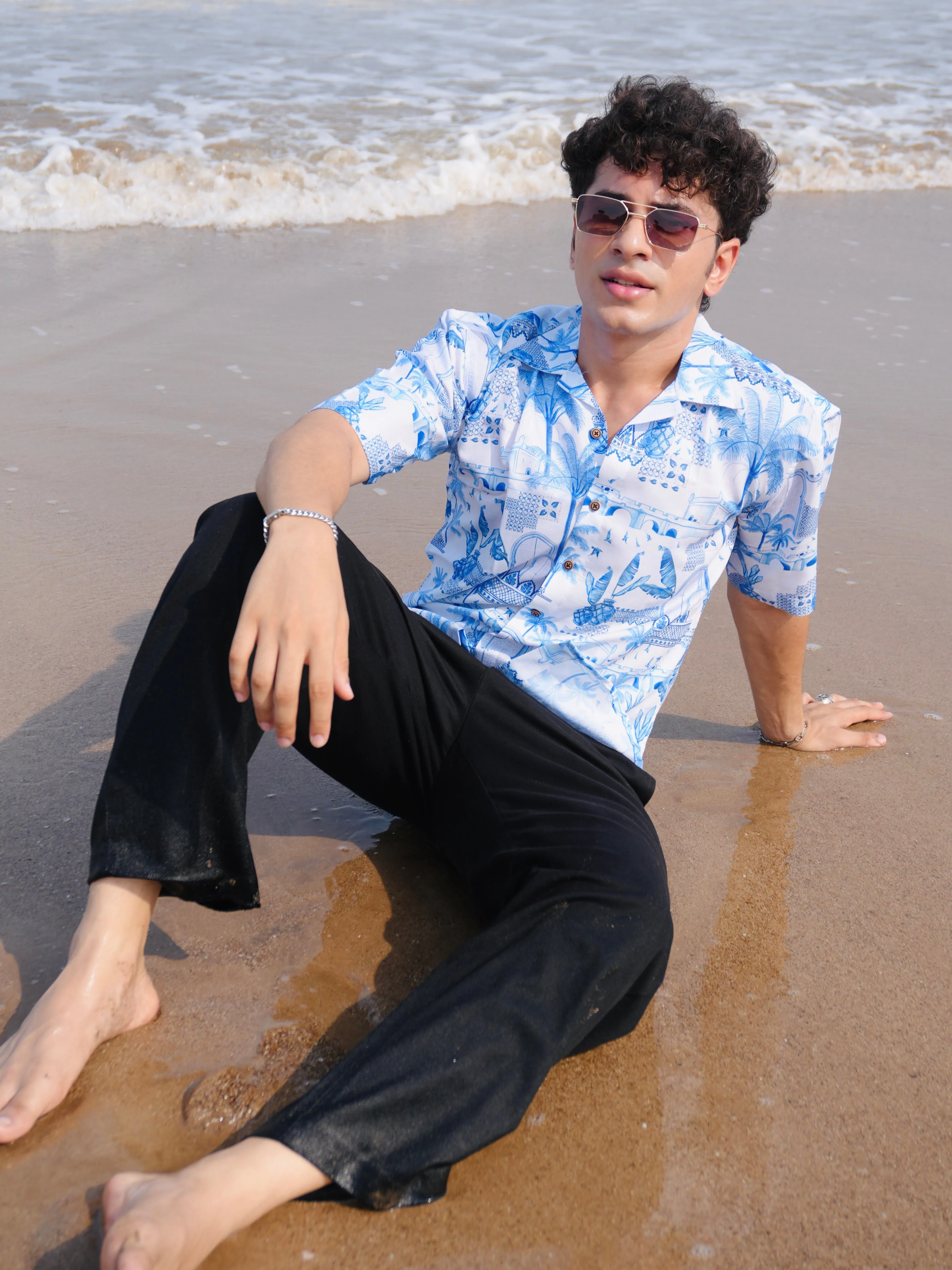 Firangi Yarn White Linen Cuban Collar Fusion Printed Oversize Shirt - Blue Pottery Fresco