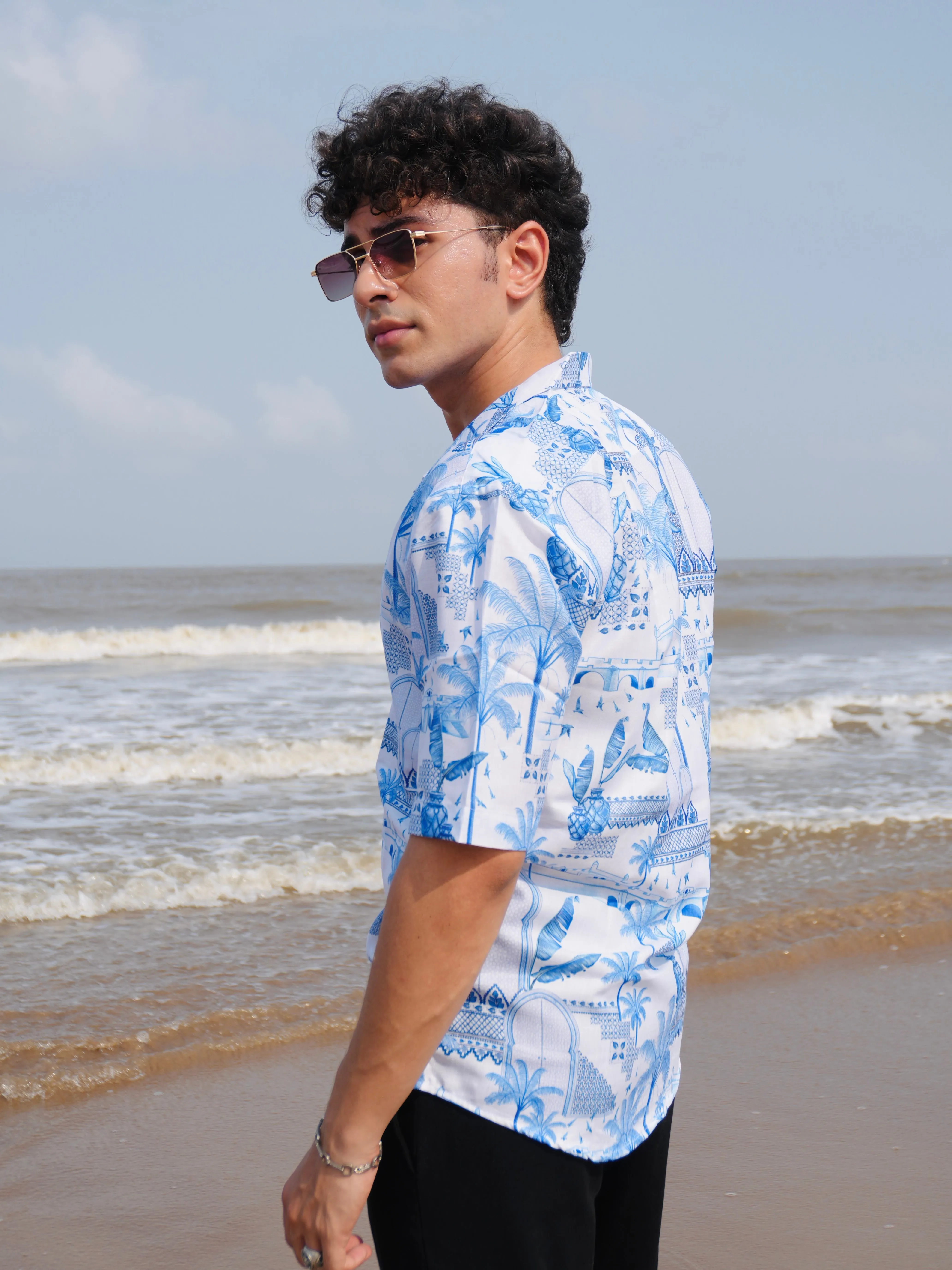 Firangi Yarn White Linen Cuban Collar Fusion Printed Oversize Shirt - Blue Pottery Fresco