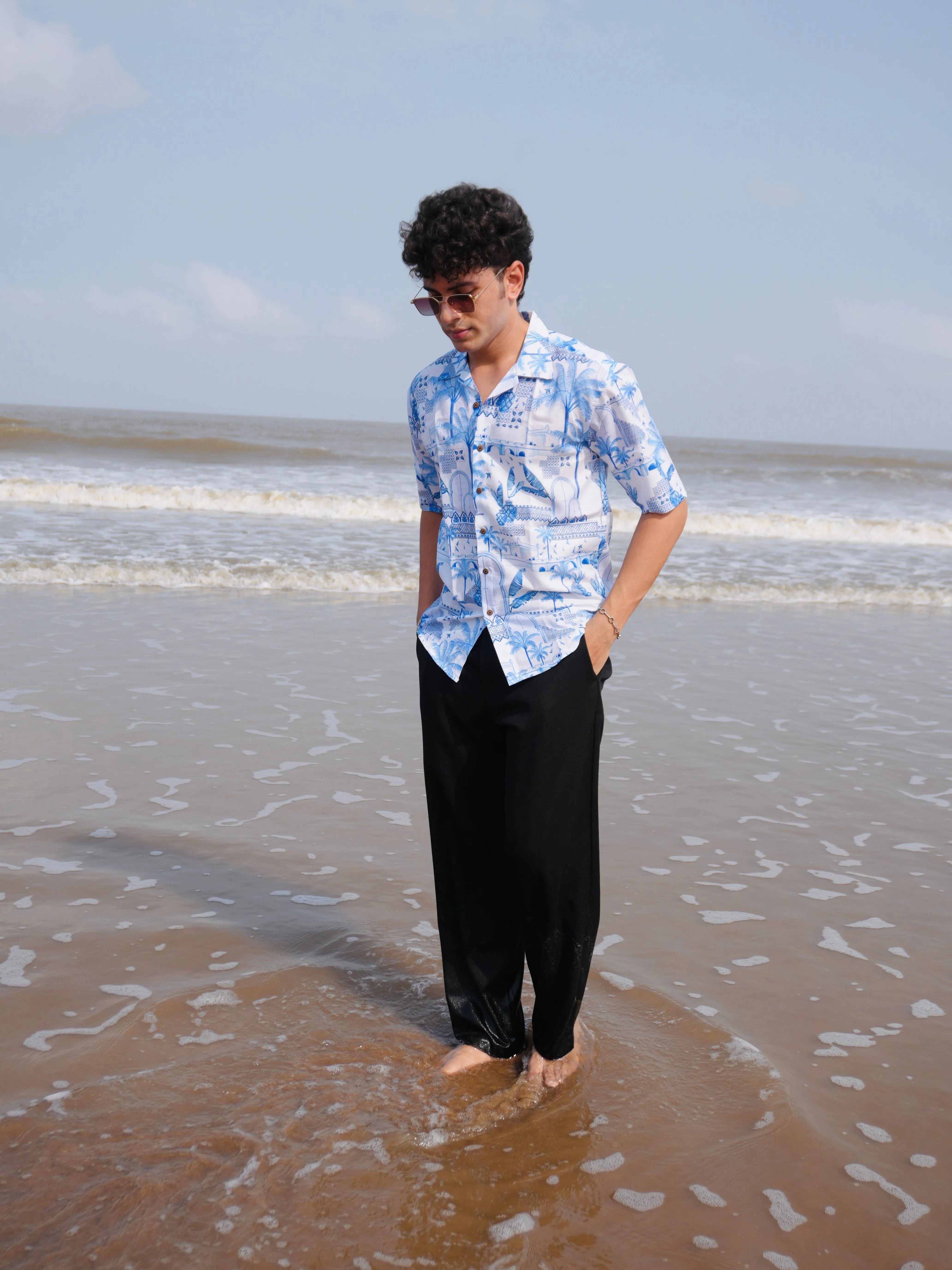 Firangi Yarn White Linen Cuban Collar Fusion Printed Oversize Shirt - Blue Pottery Fresco