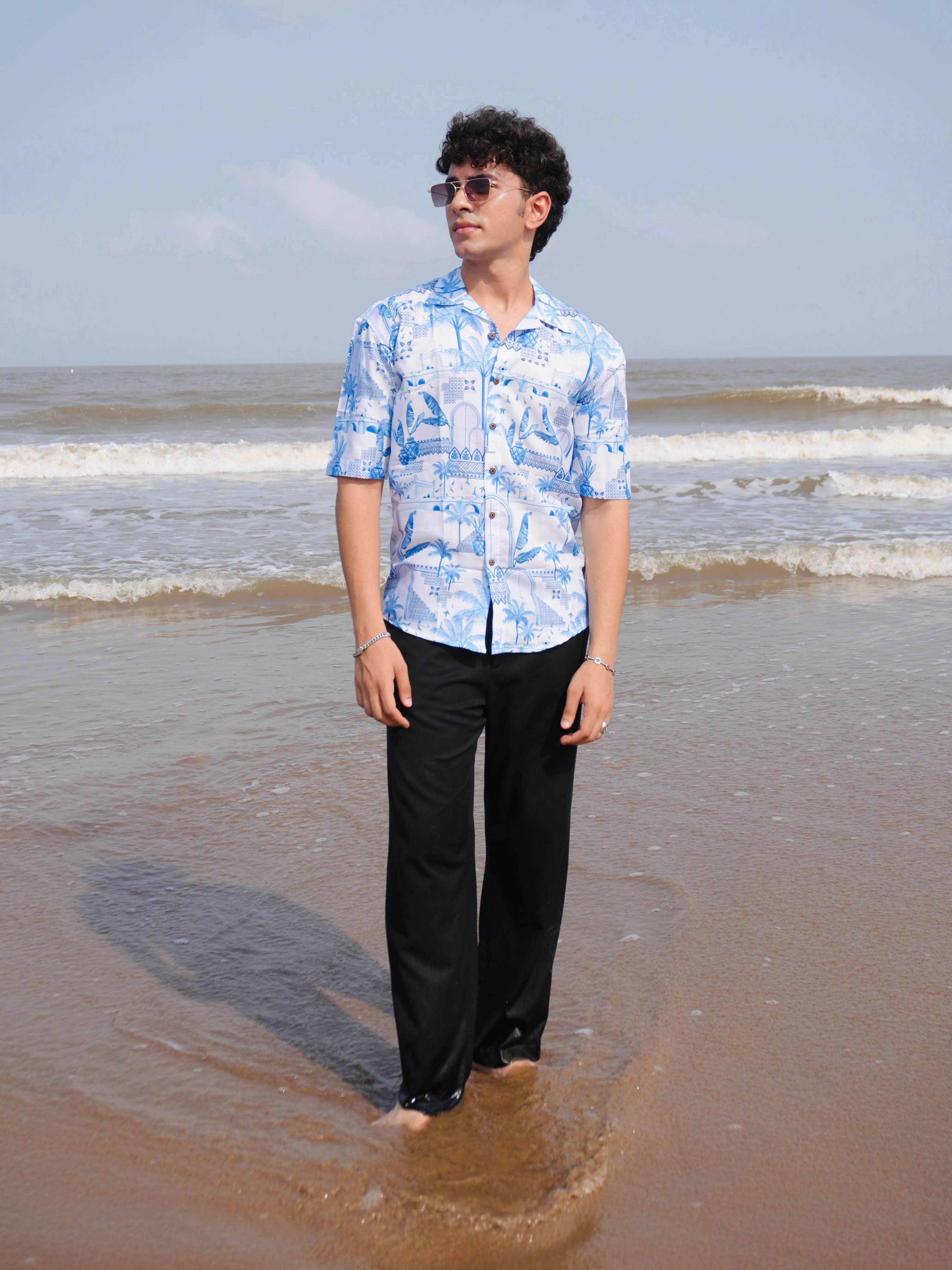 Firangi Yarn White Linen Cuban Collar Fusion Printed Oversize Shirt - Blue Pottery Fresco