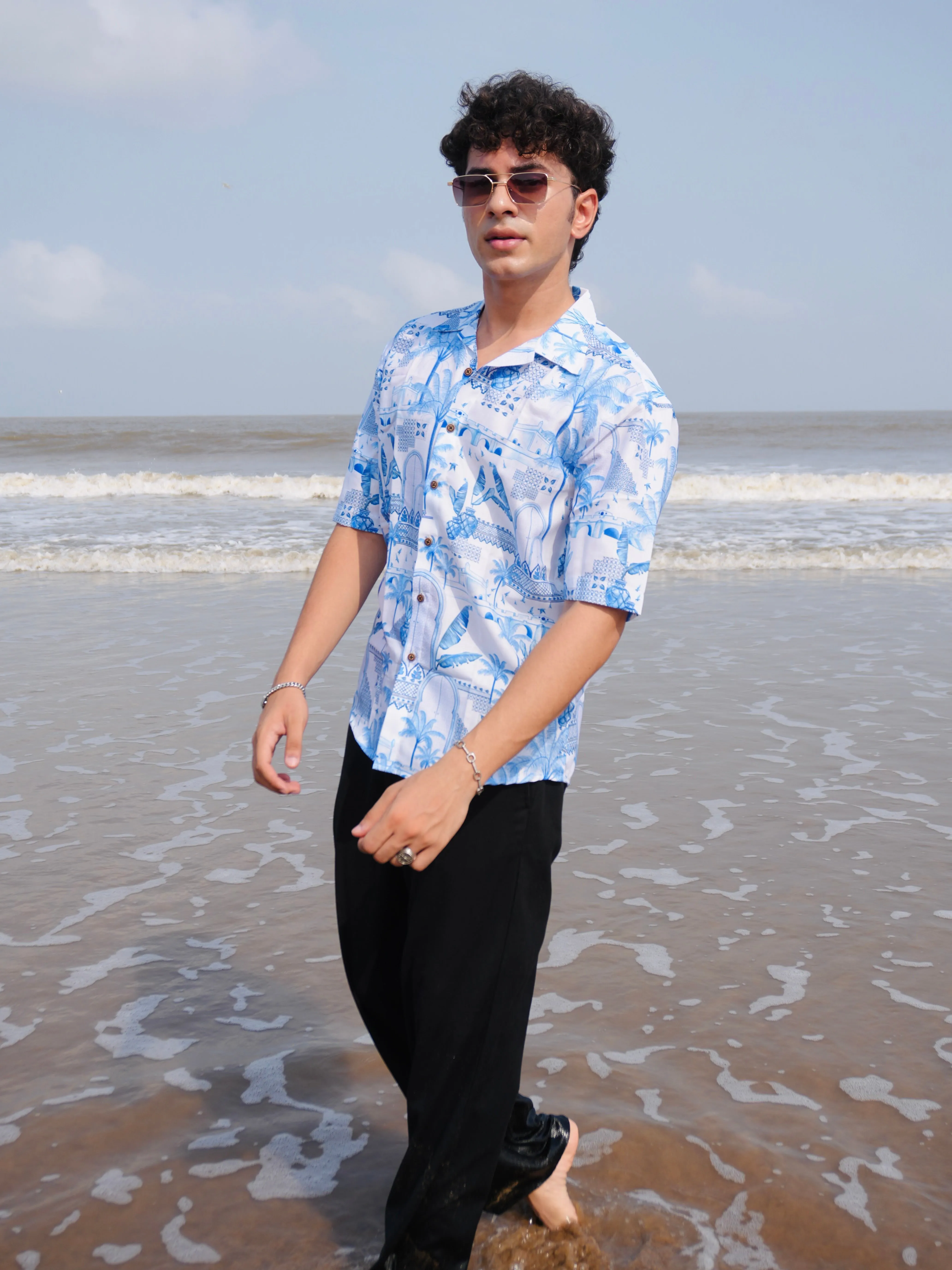 Firangi Yarn White Linen Cuban Collar Fusion Printed Oversize Shirt - Blue Pottery Fresco