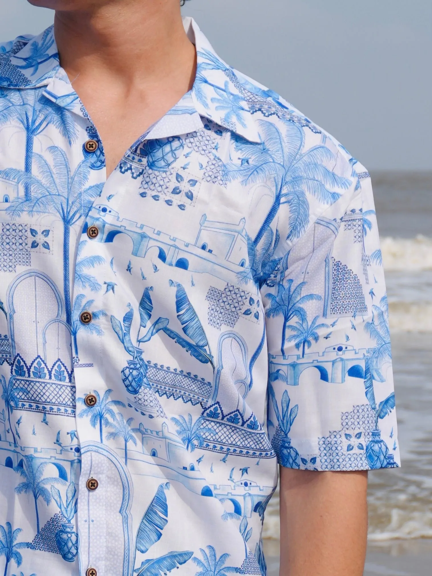Firangi Yarn White Linen Cuban Collar Fusion Printed Oversize Shirt - Blue Pottery Fresco