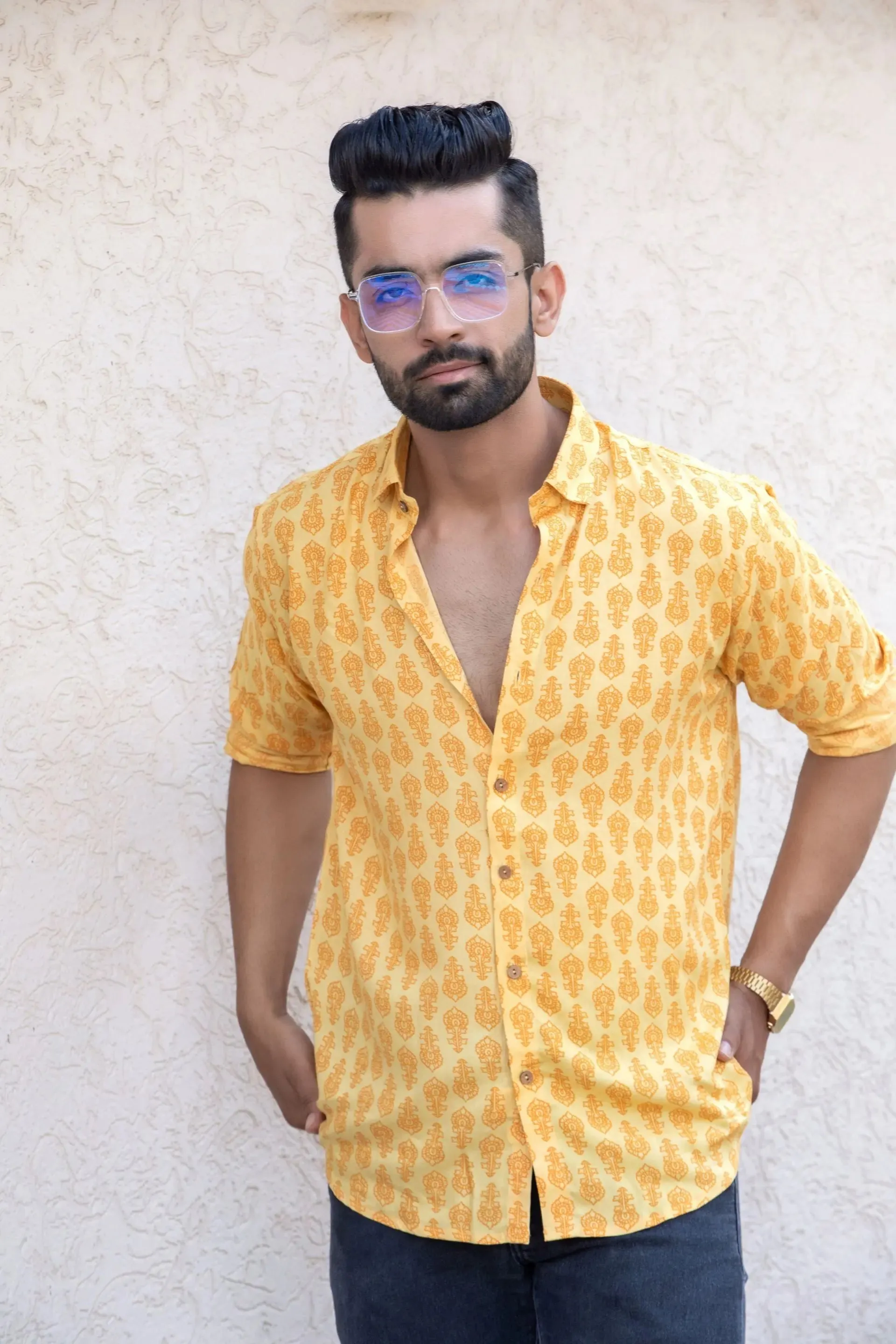 Firangi Yarn Yellow Festive Printed Rayon Shirt For Men - Full Sleeves