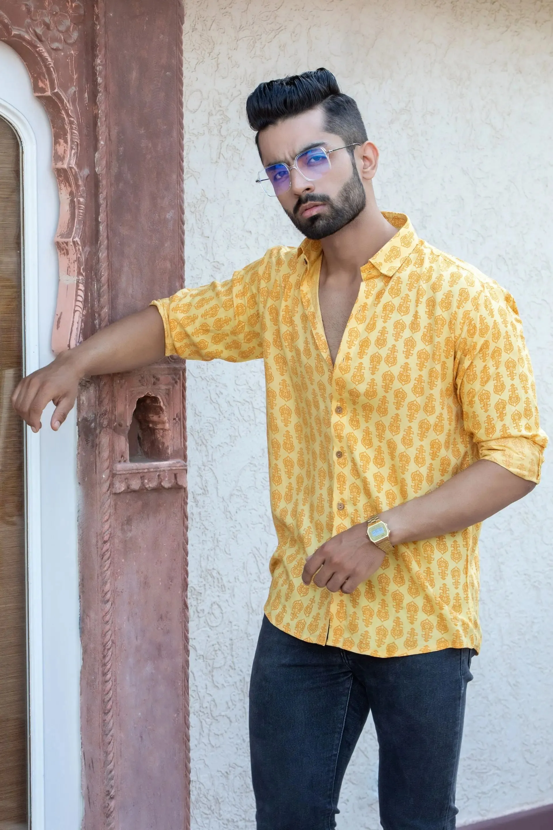 Firangi Yarn Yellow Festive Printed Rayon Shirt For Men - Full Sleeves