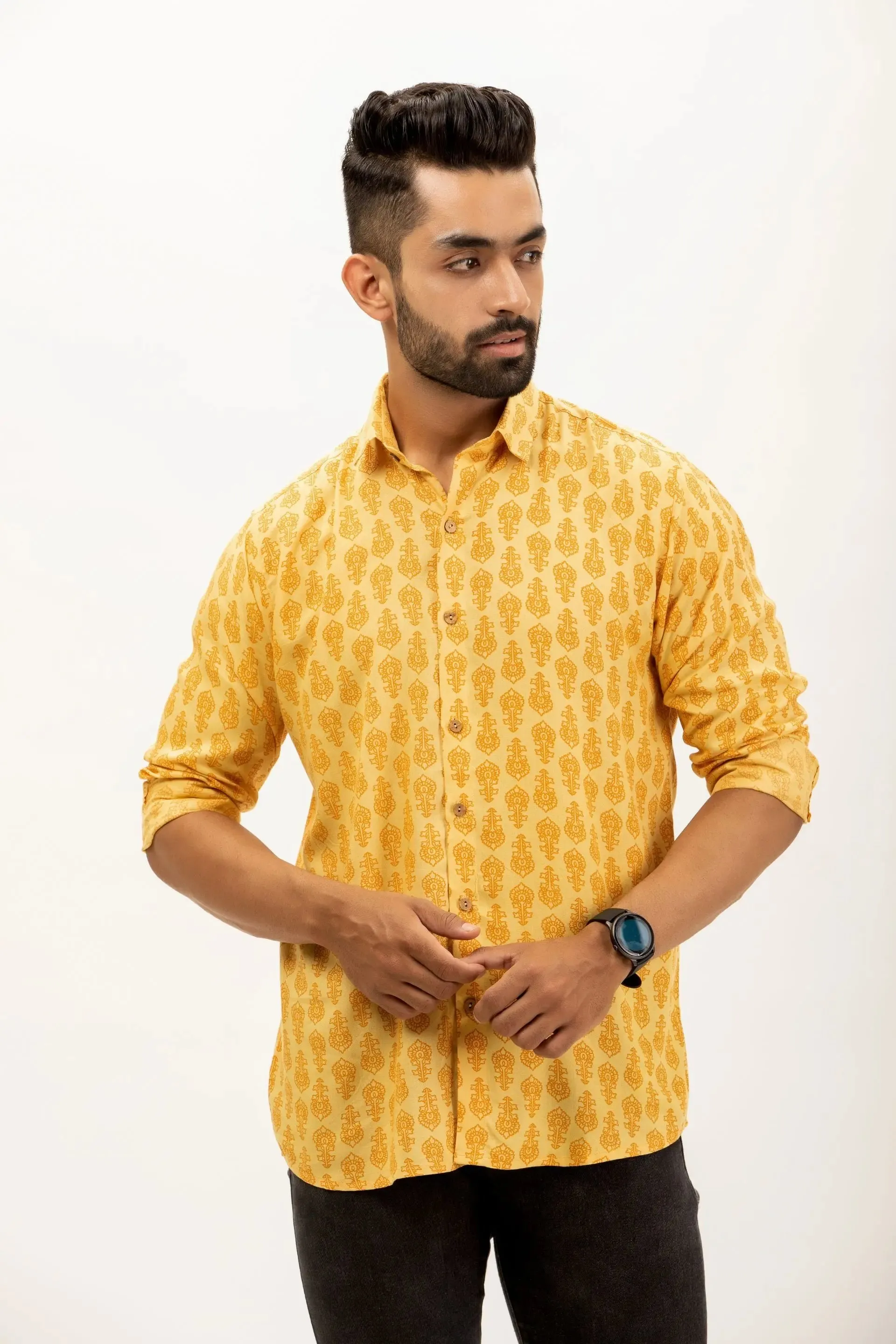 Firangi Yarn Yellow Festive Printed Rayon Shirt For Men - Full Sleeves