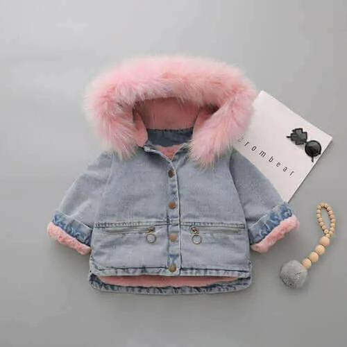 Fleece Toddler Girl Jacket Denim Warm Fur Hoodie Kids Winter