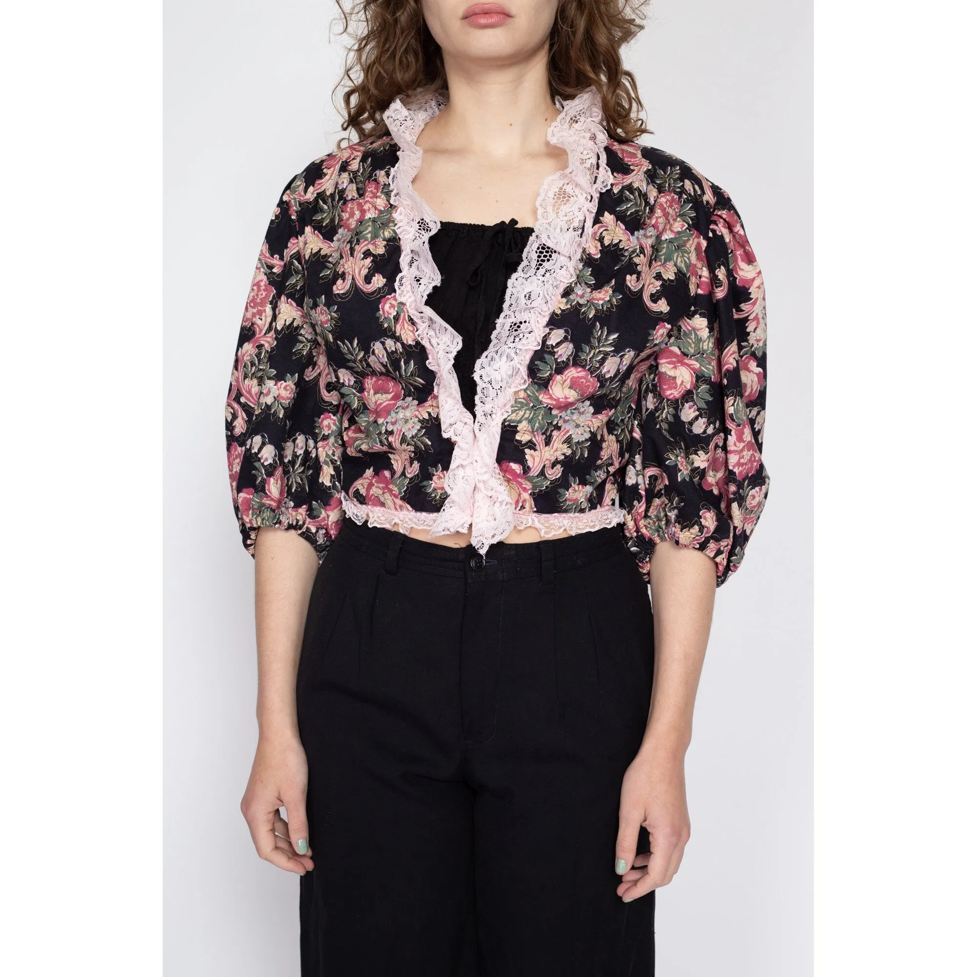 Medium 70s 80s Black Floral Puff Sleeve Bolero Top