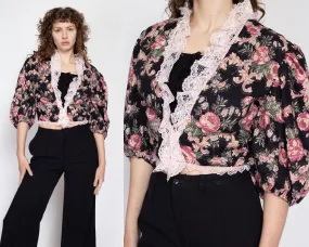 Medium 70s 80s Black Floral Puff Sleeve Bolero Top