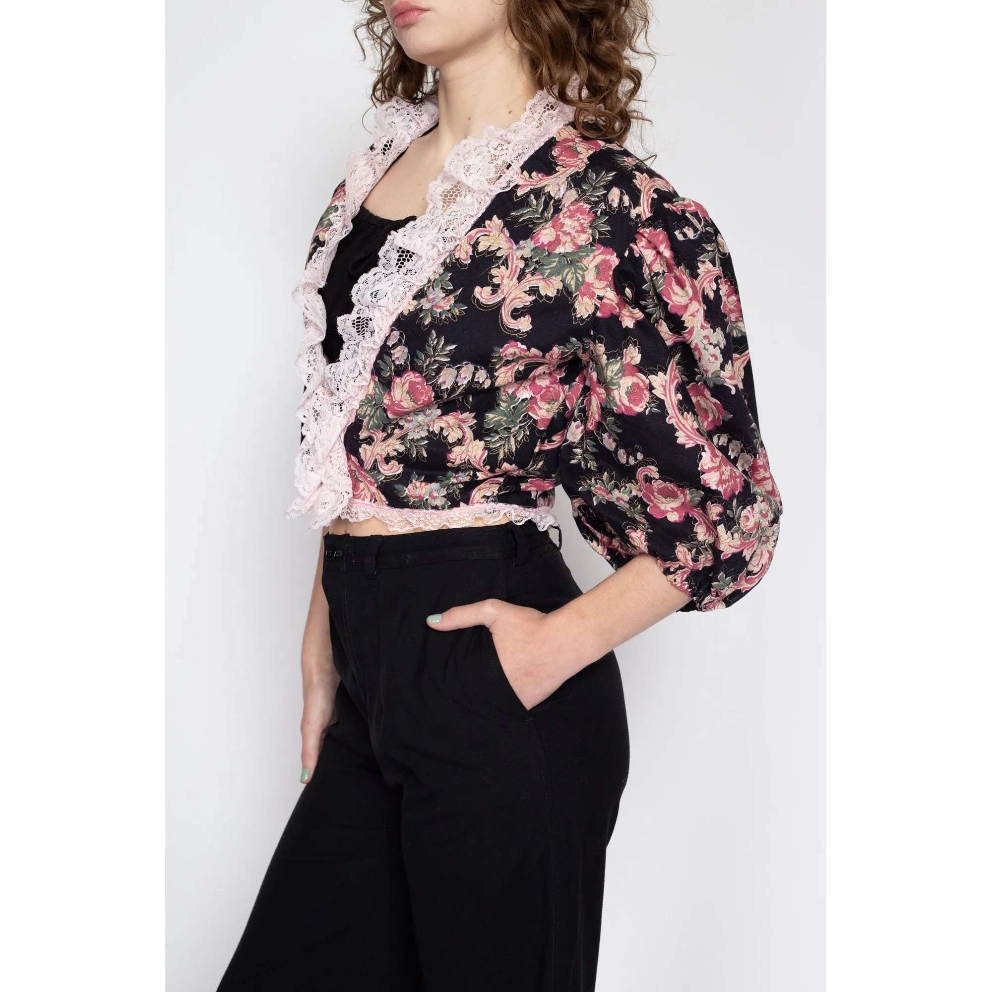Medium 70s 80s Black Floral Puff Sleeve Bolero Top