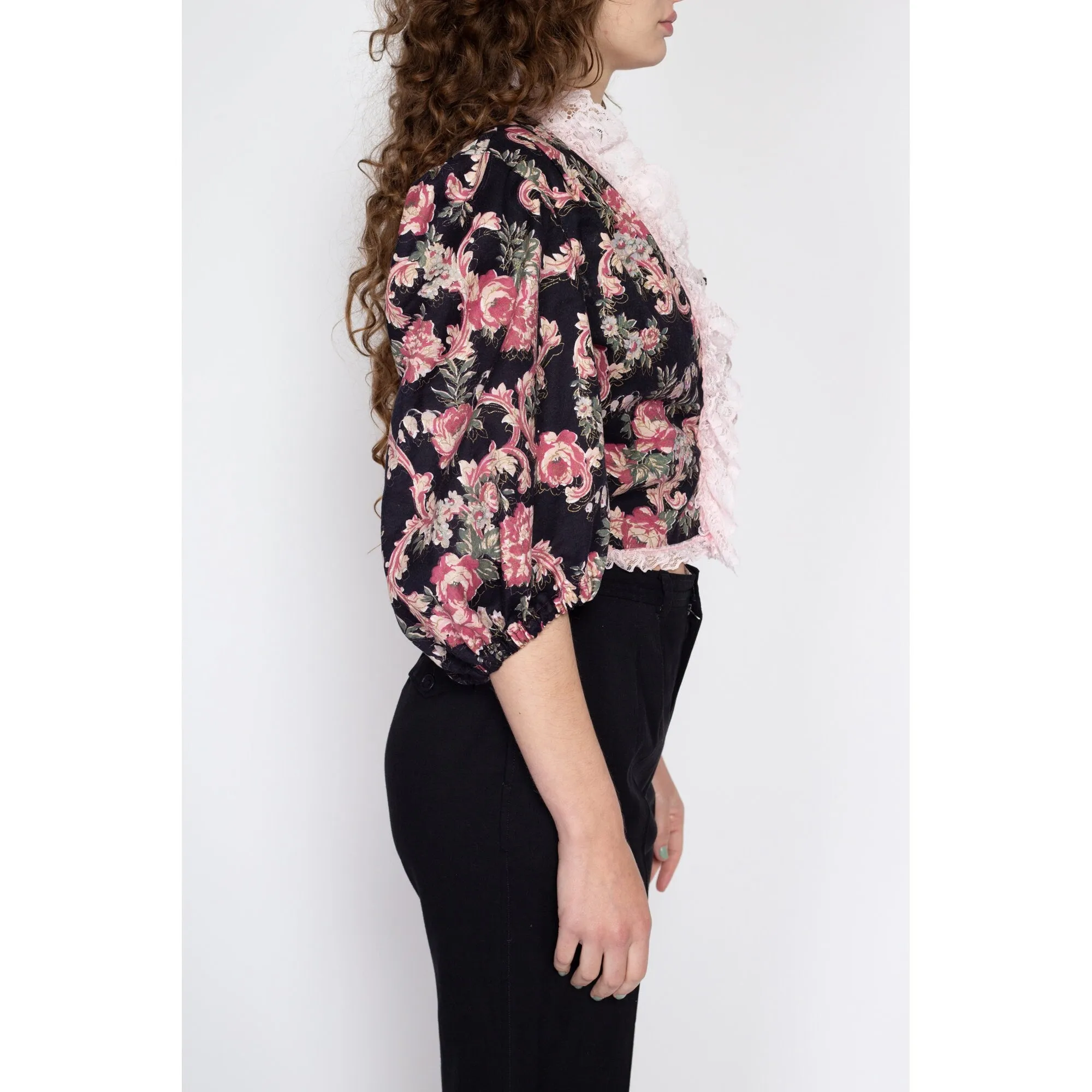 Medium 70s 80s Black Floral Puff Sleeve Bolero Top