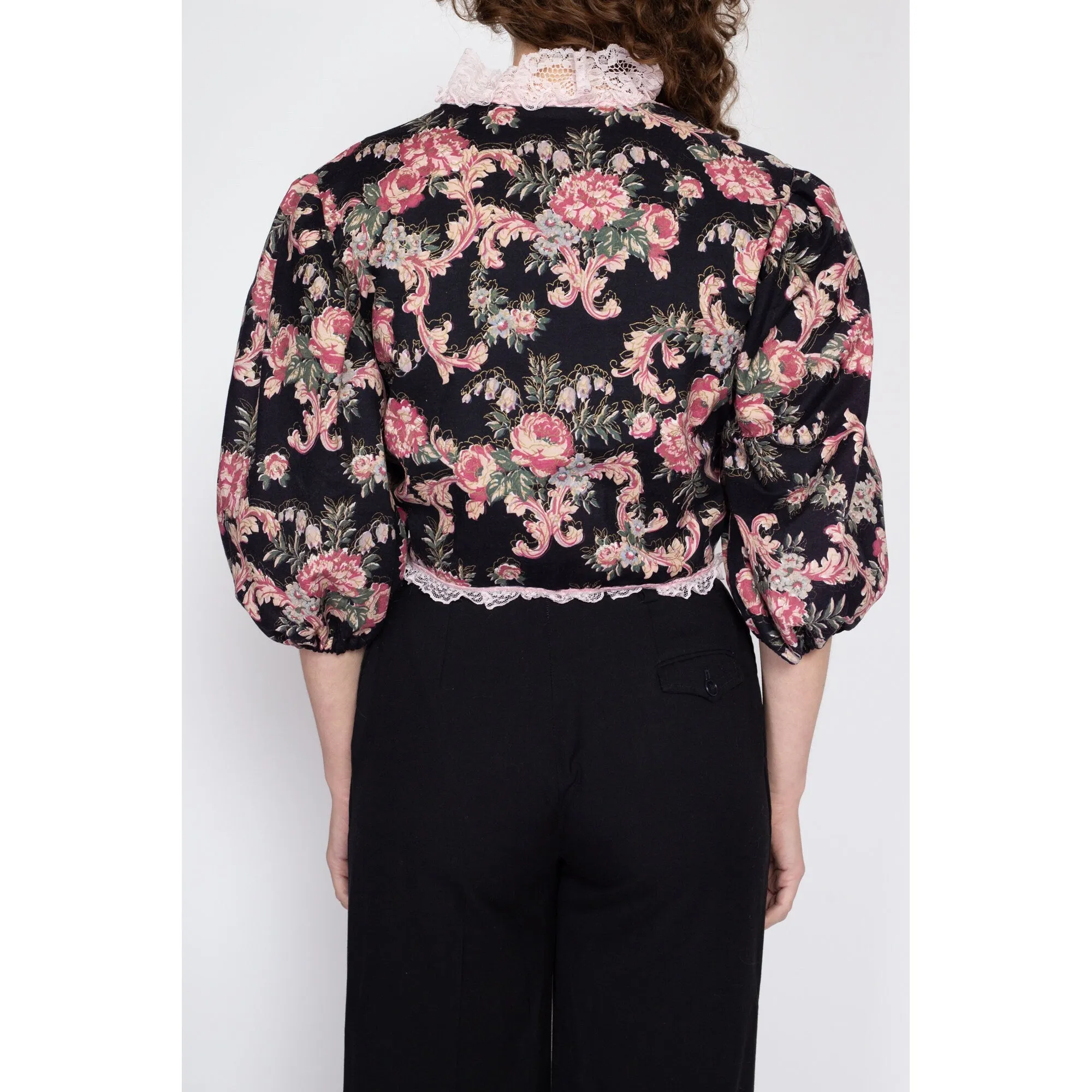 Medium 70s 80s Black Floral Puff Sleeve Bolero Top